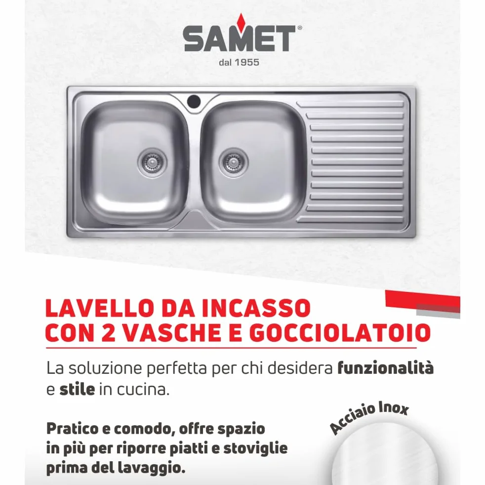 Lavello cucina due vasche acciaio da incasso gocciolatoio a dx 50x116 cm