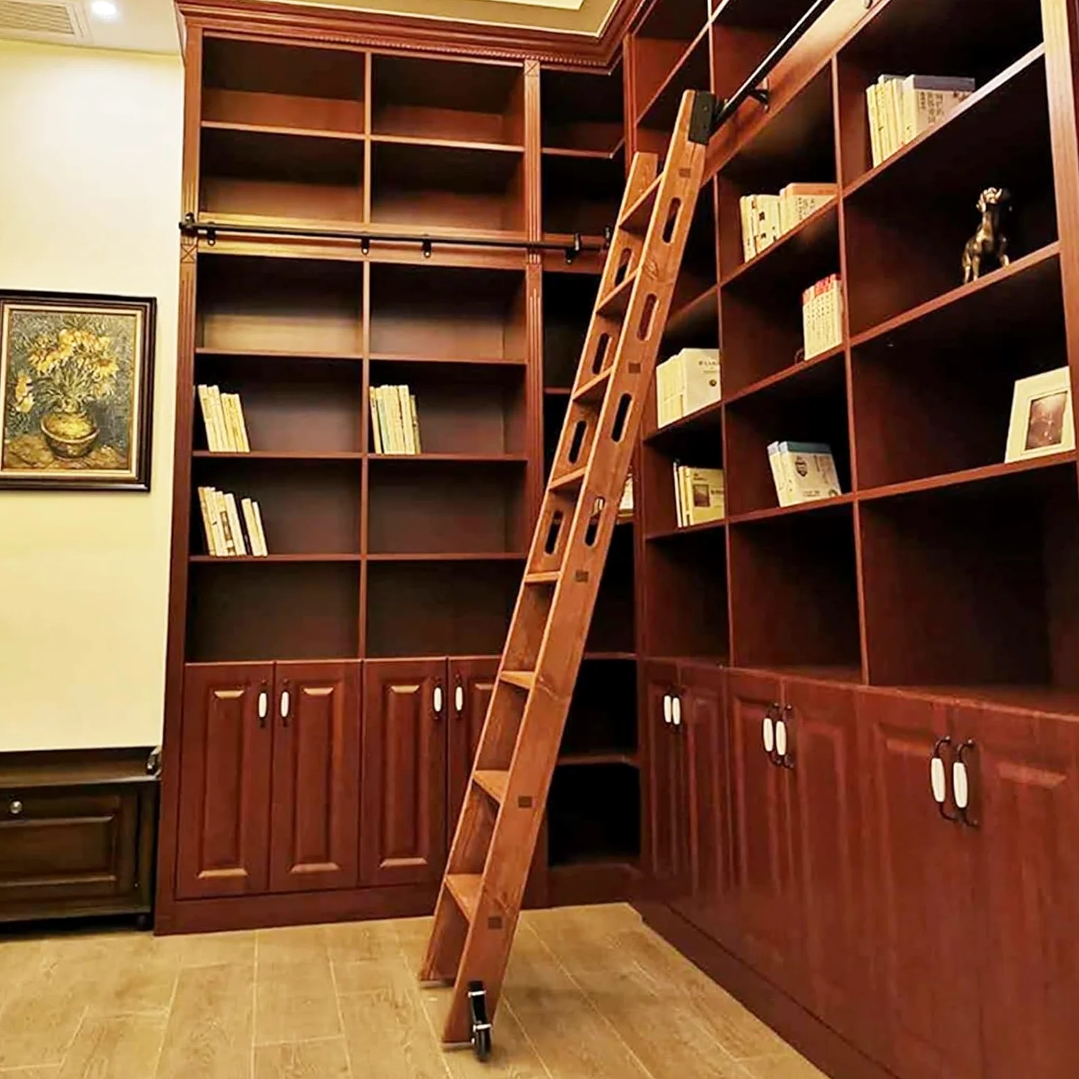 Scala in legno con rotelle, ferramenta scorrevole per biblioteca, binario per scale, rulli per pavimenti con freno, nero (senza scala), sistema di binari per scale mobili ufficio biblioteca soppalco(2