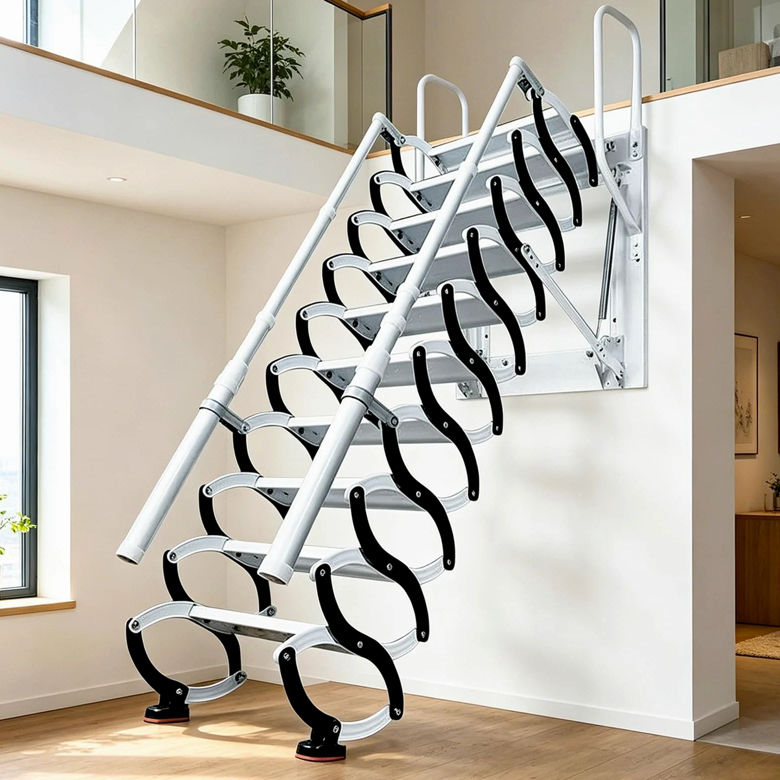 11 gradini Scale accesso sottotetto, Scala pieghevole mansarda soffitta, Scala retrattile a muro con,scala soppalco braccioli, portata 350 kg, Adatto per ripostigli, cantine e garage (11 gradini)
