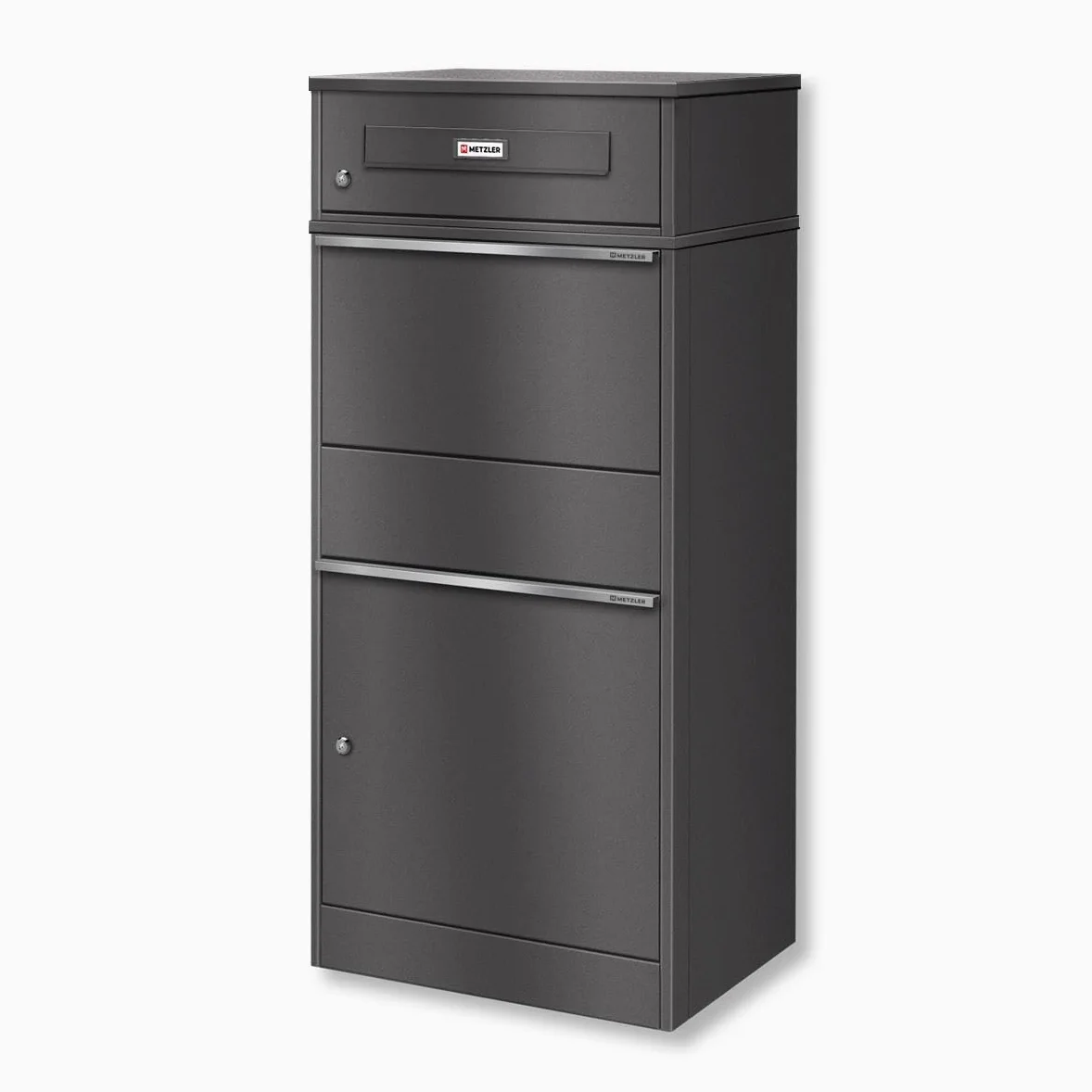 Metzler cassetta postale e box pacchi XXL da esterno acciaio zincato verniciato a polvere grigio micaceo DB 703 con targhetta nome intercambiabile sicura resistente intemperie design moderno