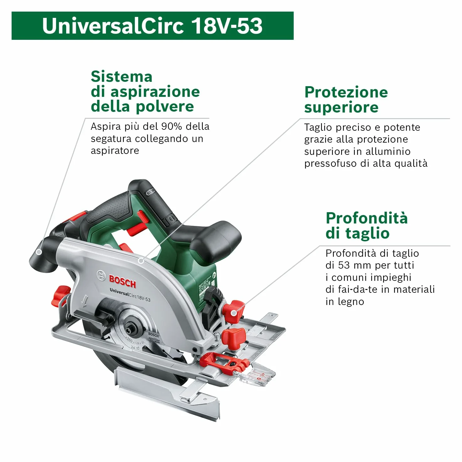 Bosch Sega circolare a batteria UniversalCirc 18V-53 (taglio preciso nel legno; profondità di taglio max. 53 mm; 18 Volt System; 1 batteria da 2,5 Ah e caricabatteria)