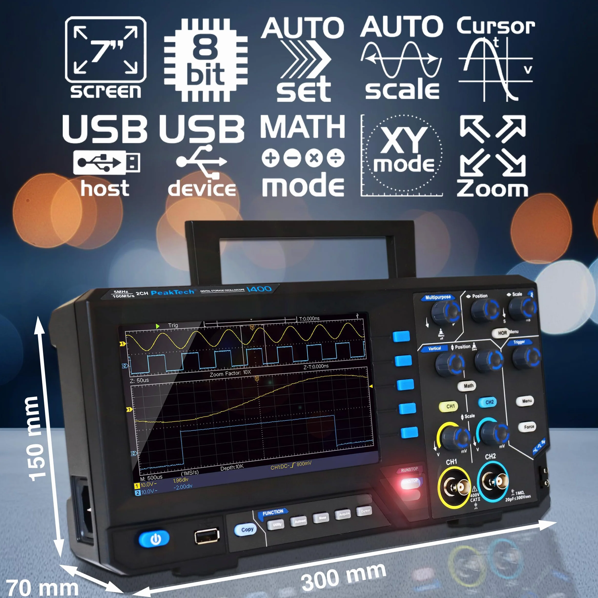 PeakTech 1402 - Oscilloscopio digitale a 2 canali [3 anni di garanzia] 20 MHz, 250 MS/s, interfaccia USB, software PC, Oscilloscopio P 1402, nero, oscilloscopio USB, oscilloscopio multimetro