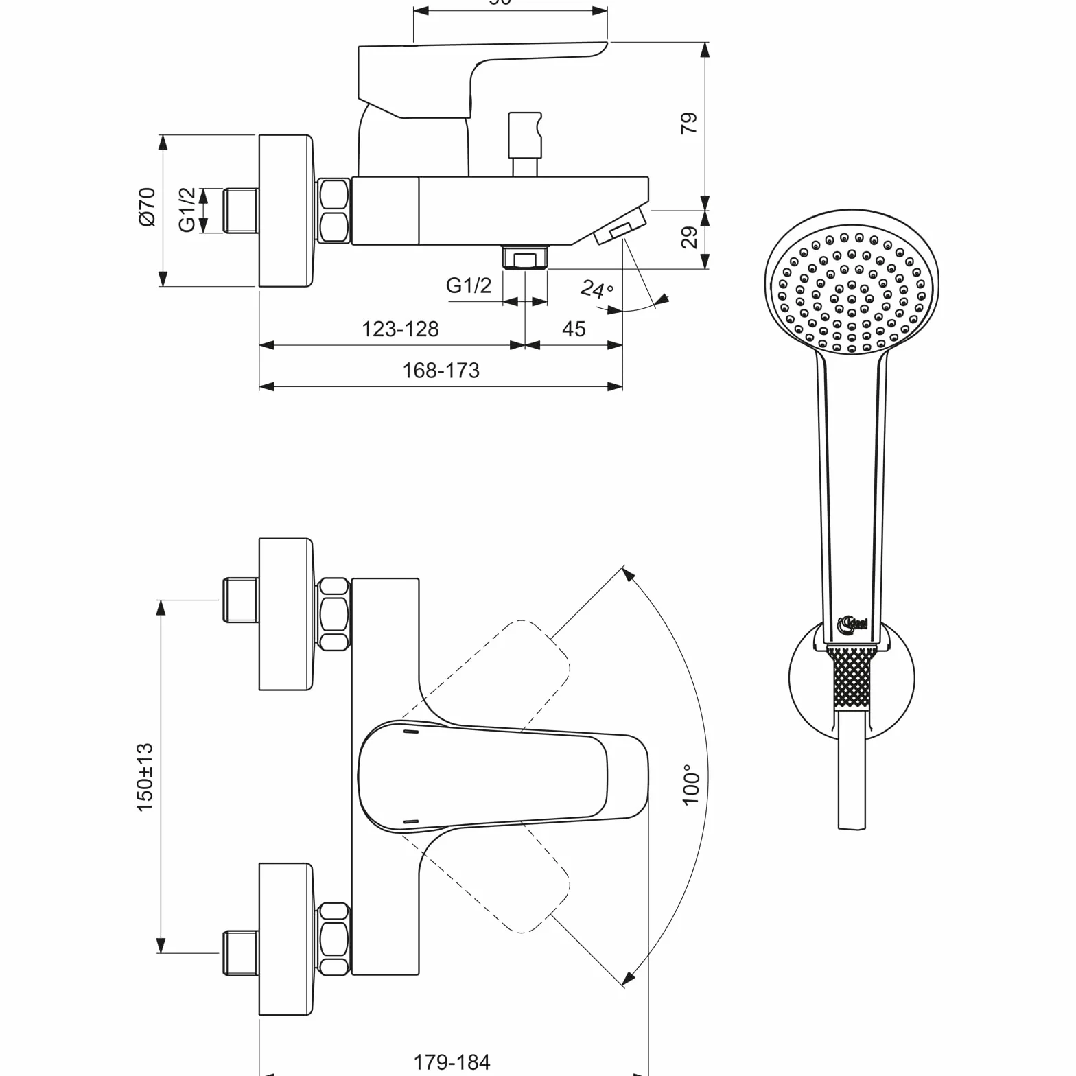 Ideal Standard - Ceraplan III, Set miscelatore esterno vasca/doccia con accessori, Tecnologia Click, Firmaflow, Cromato