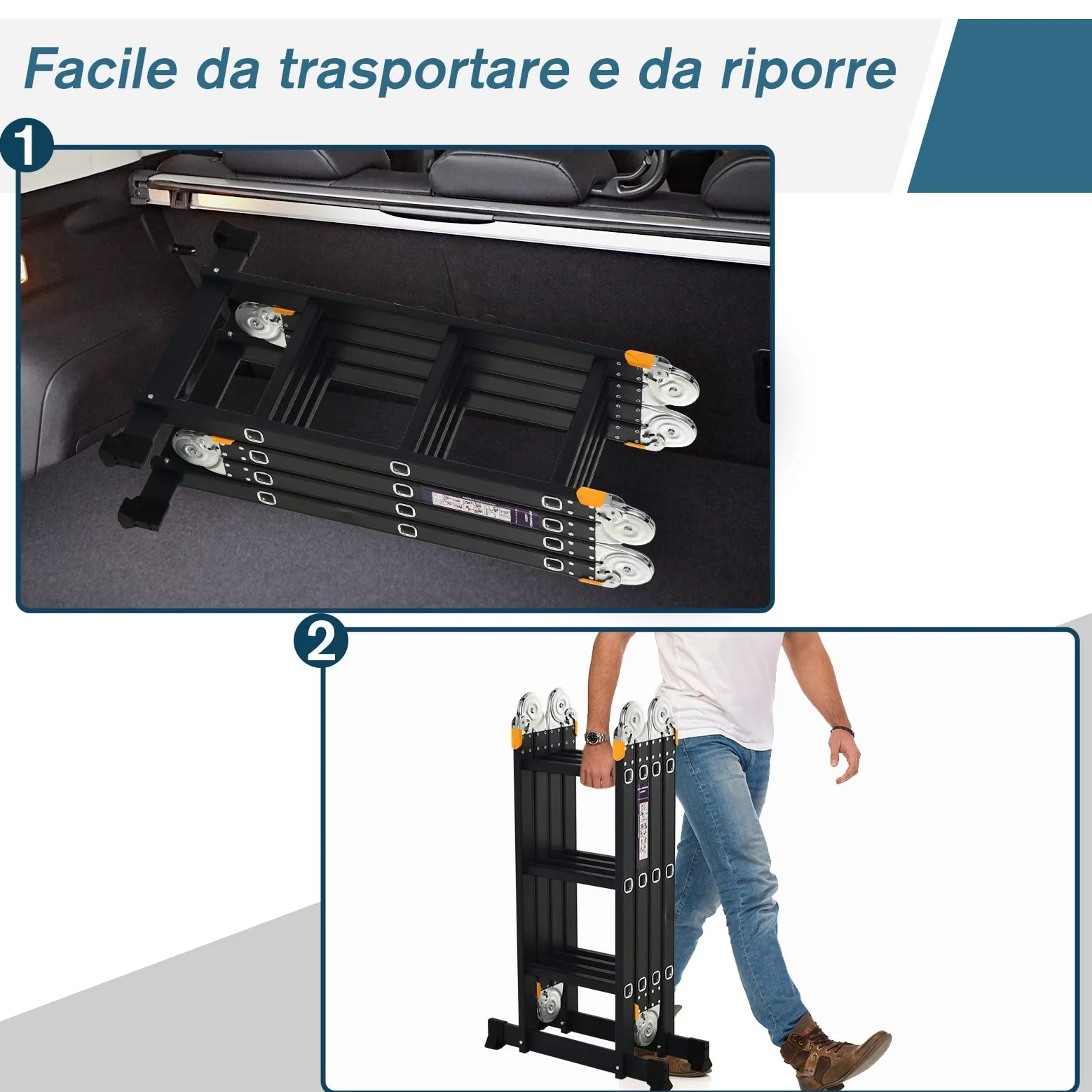 DURHAND Scala in Alluminio 5 in 1 Nera con 2 Pannelli di Sostegno, Scala Pieghevole per Interni ed Esterni, Carico Massimo 150kg, 370x61x11 cm