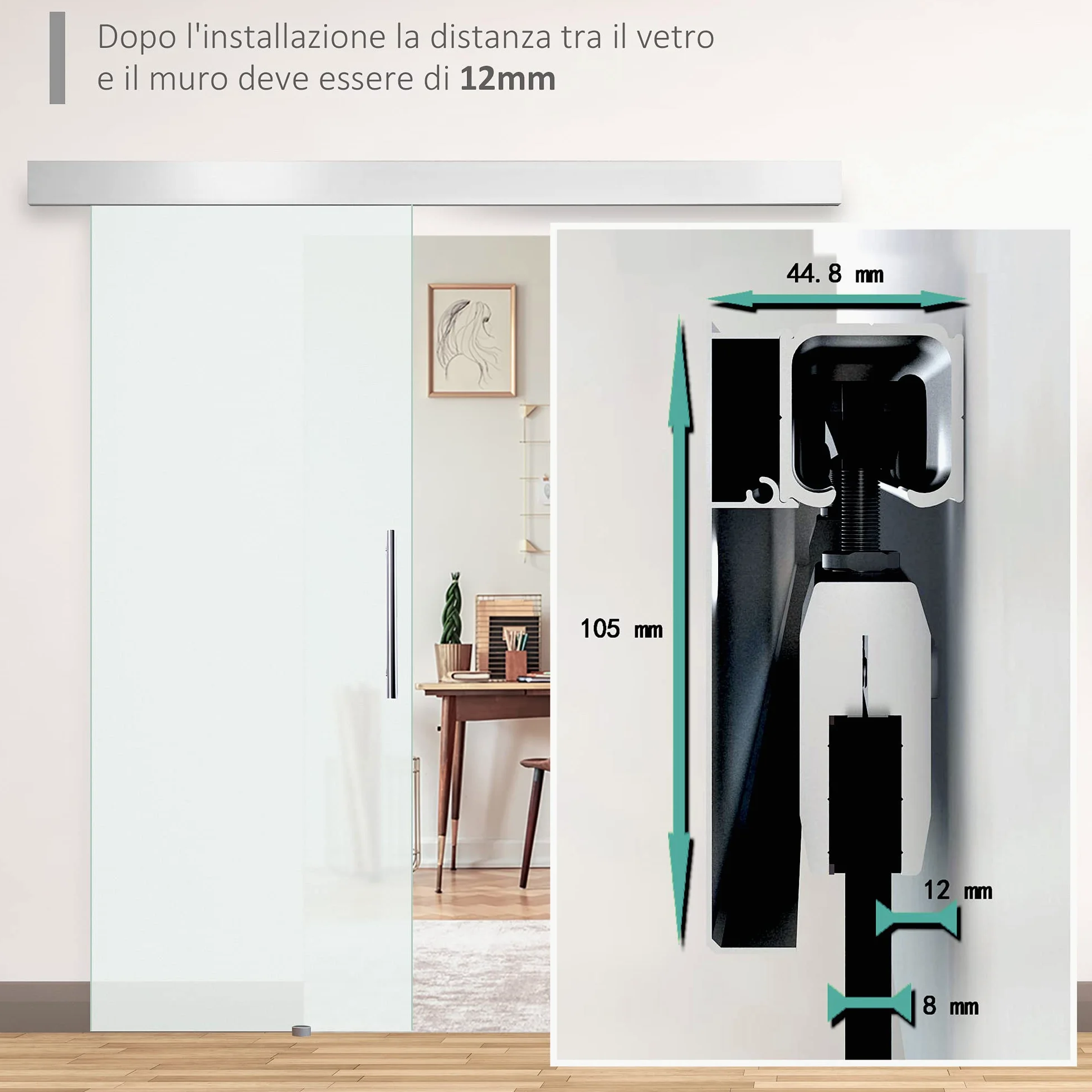 HOMCOM Porta Scorrevole Interna in Vetro Smerigliato con Binario e Maniglia per Bagno Cucina Studio 205 x 90 x 0.8cm