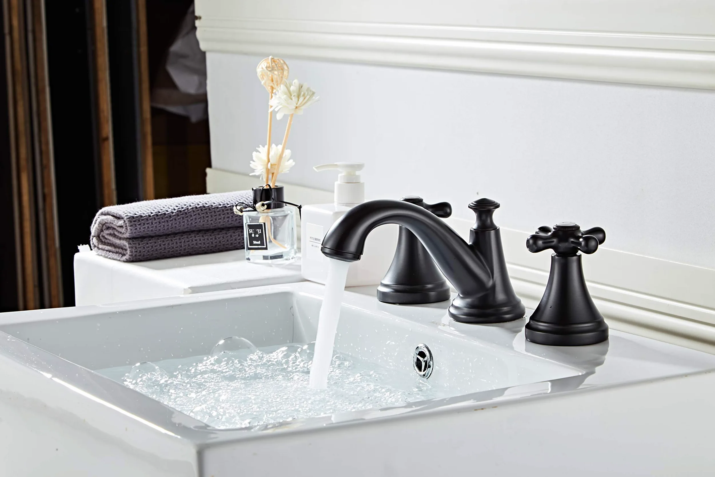 Rubinetto Bagno Lavabo Tre Fori Rubinetto Miscelatore, Nero Opaco