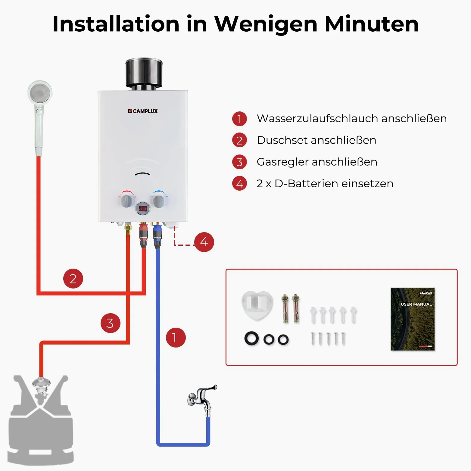 CAMPLUX BW158C Scaldacqua a Gas Tankless, 6 Litri, 12kW, Butano (28-30 mbar) / Propano (37 mbar), per Doccia da Campeggio
