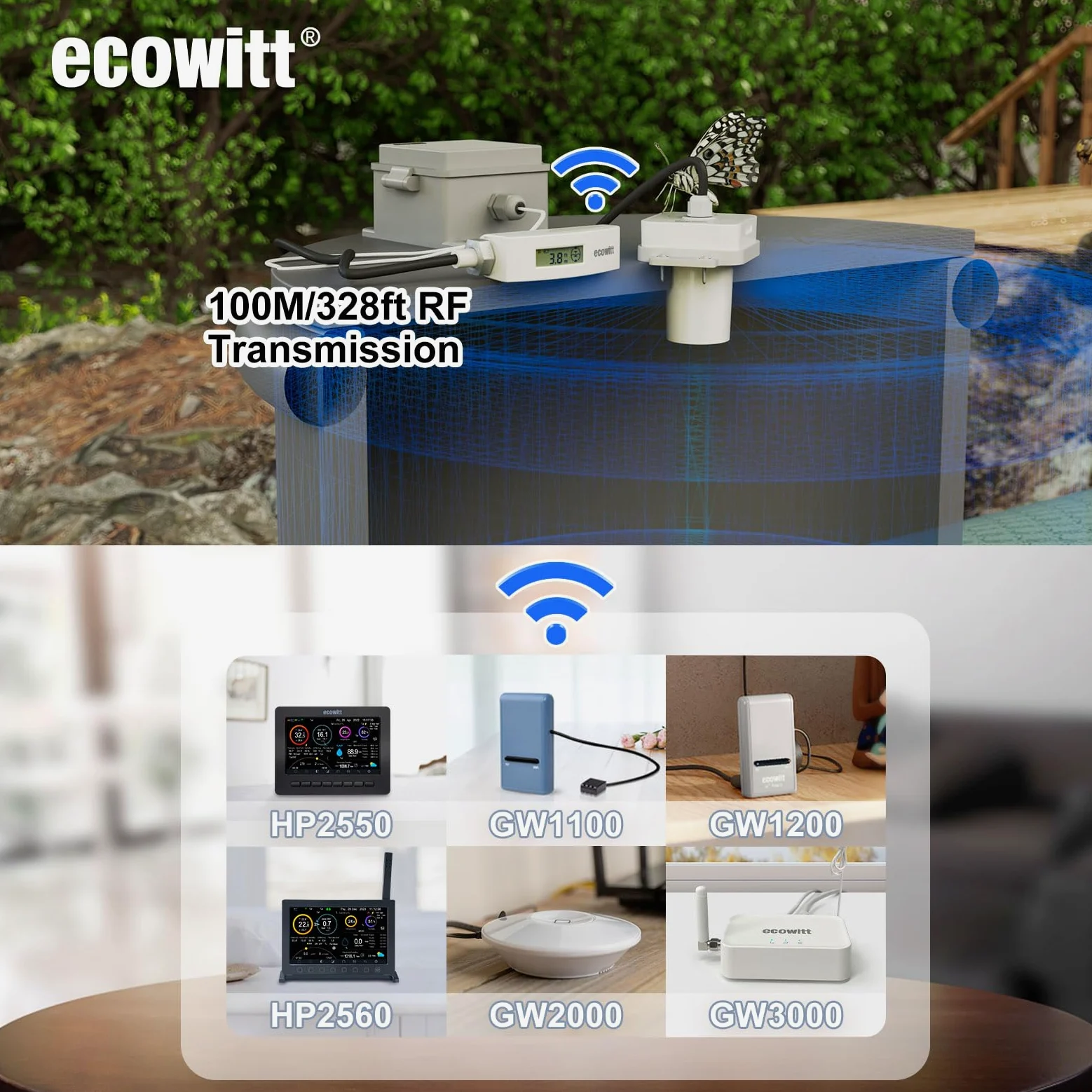 ECOWITT LDS01 Misuratore di distanza laser, dispositivo di misura laser da 4 m con cavo da 1,5 m, strumento di misura laser da esterno per livello dell'acqua/neve/profondità dell'olio con display LCD
