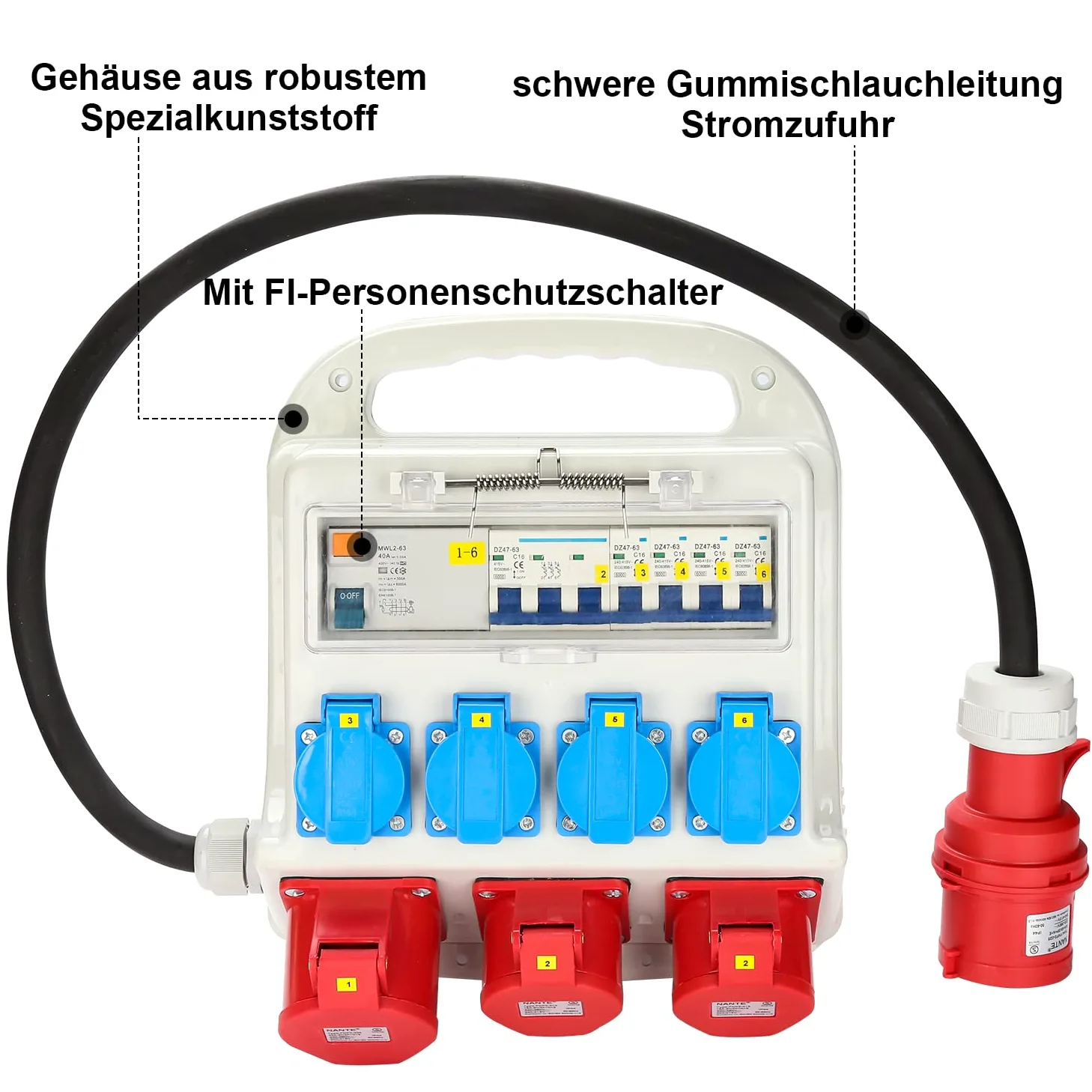 Fiqops Distributore di corrente da costruzione 32a, distributore di corrente 4 x 230 V, 2 x 16 A, 1 x 32 A, 400 V, CEE a 5 poli, con interruttore FI/LS, IP44 con coperchi di sicurezza e tubo,