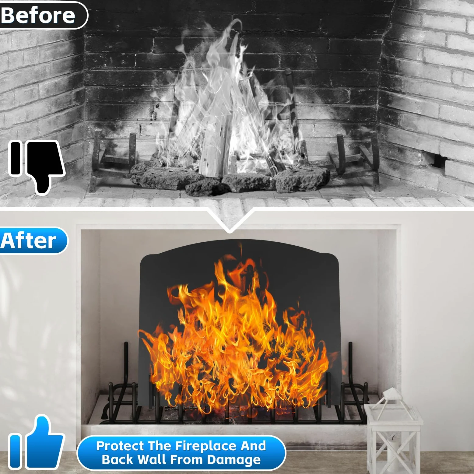Fireback in ferro con piedini, 55,9 cm piastre posteriori per camino, riflettore di calore, nero, stile moderno