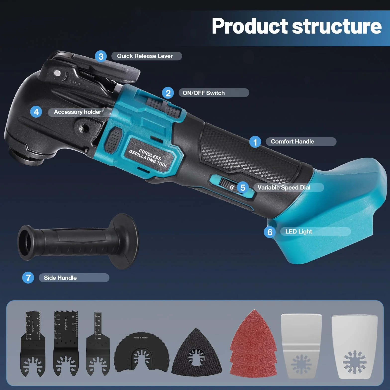 Utensili multifunzione oscillanti blayram, Senza Spazzole Multiutensile Oscillante Compatibile con Batteria Makita 18V, 6 Velocità Regolabili, Utensile Multifunzione per Separare