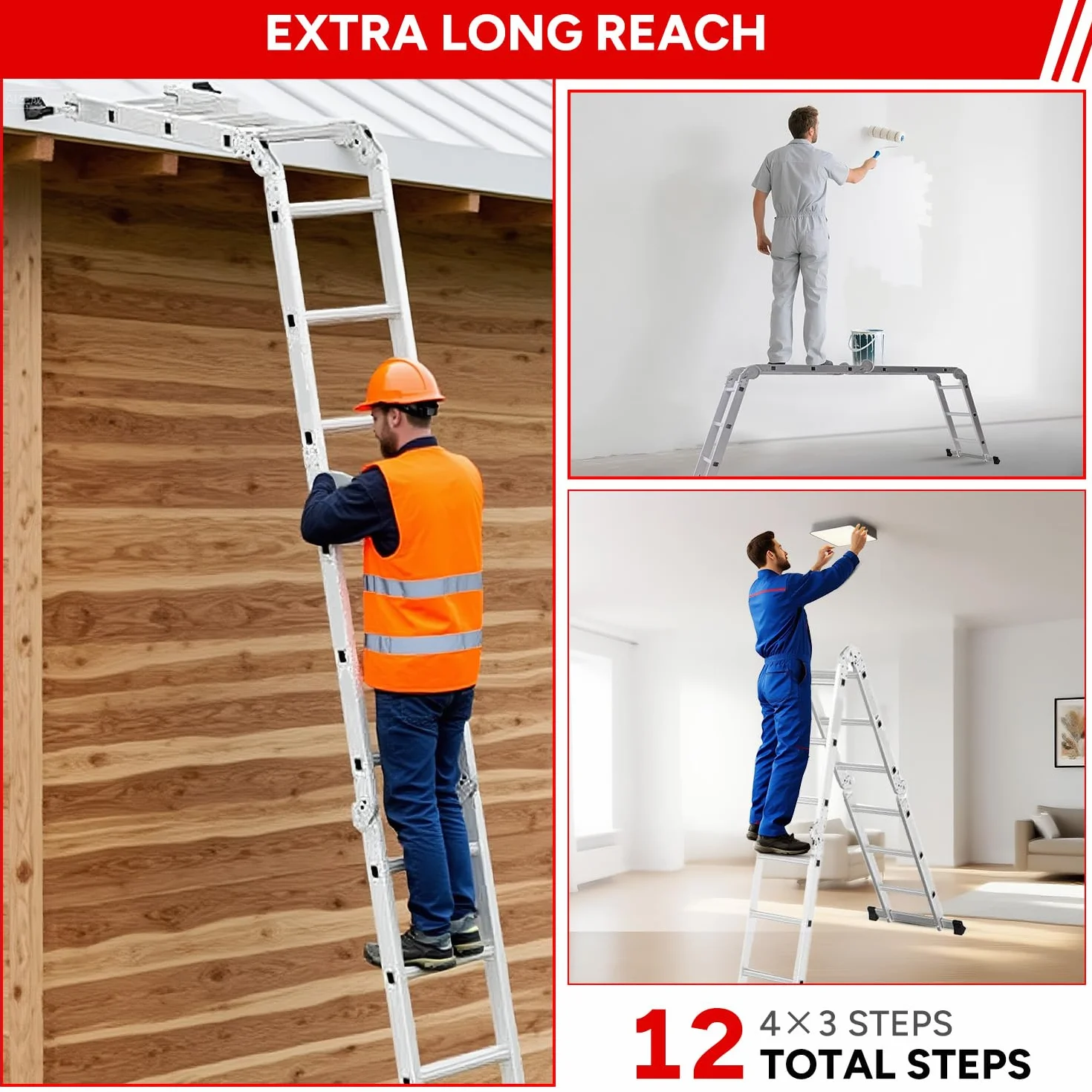 OUTIGO Scala multiuso 4x3, scala pieghevole in alluminio 7 in 1 con 2 ruote, scala multiuso per uso domestico a 12 gradini, portata massima 150 kg,