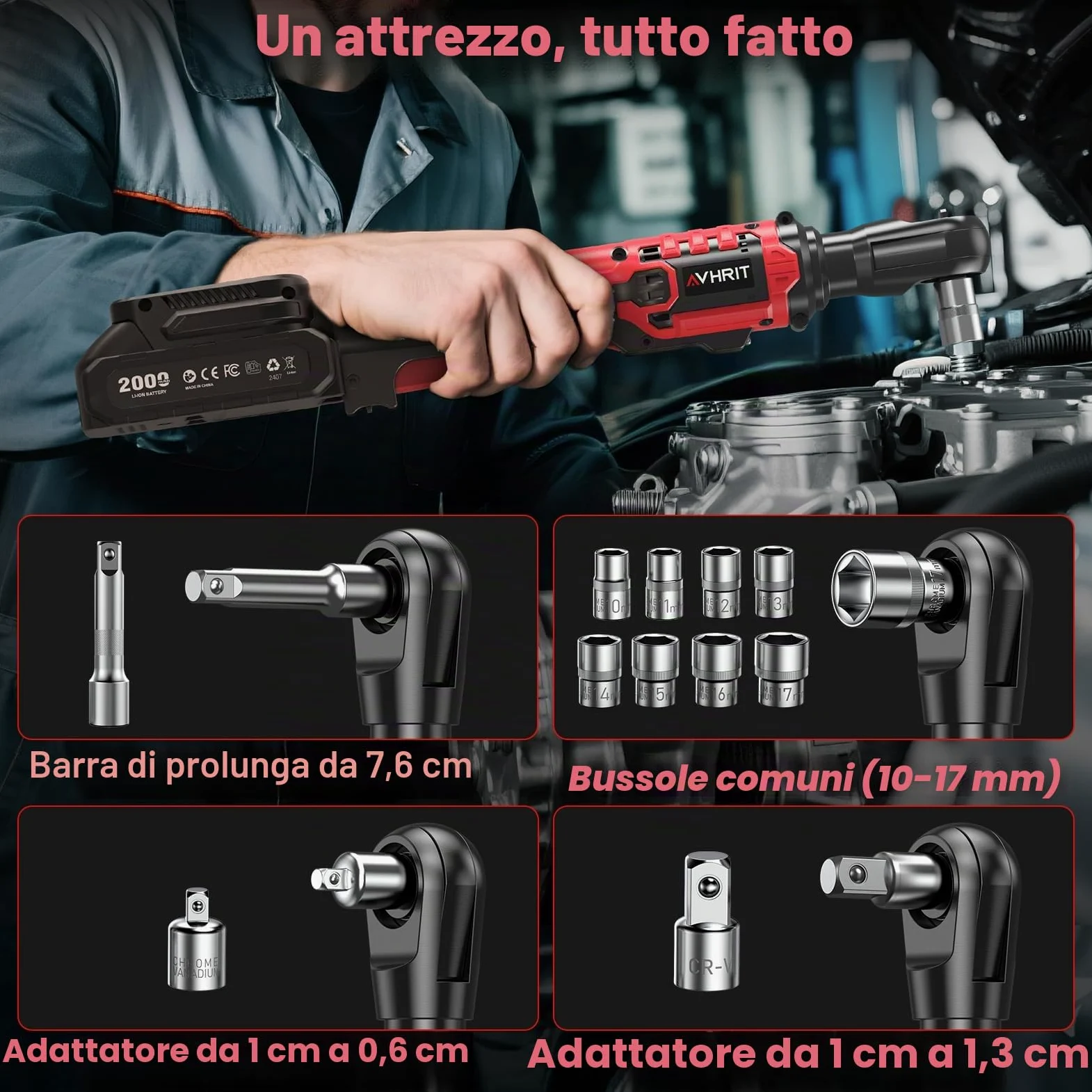Chiave a cricchetto elettrica 3/8" Senza Fili: 120Nm (88 Ft-lbs) + 200 RPM, con 2 Batterie 2.0Ah, Luce LED e Set da 11 Boccole,Potente chiave elettrica per Auto e Riparazioni Domestiche