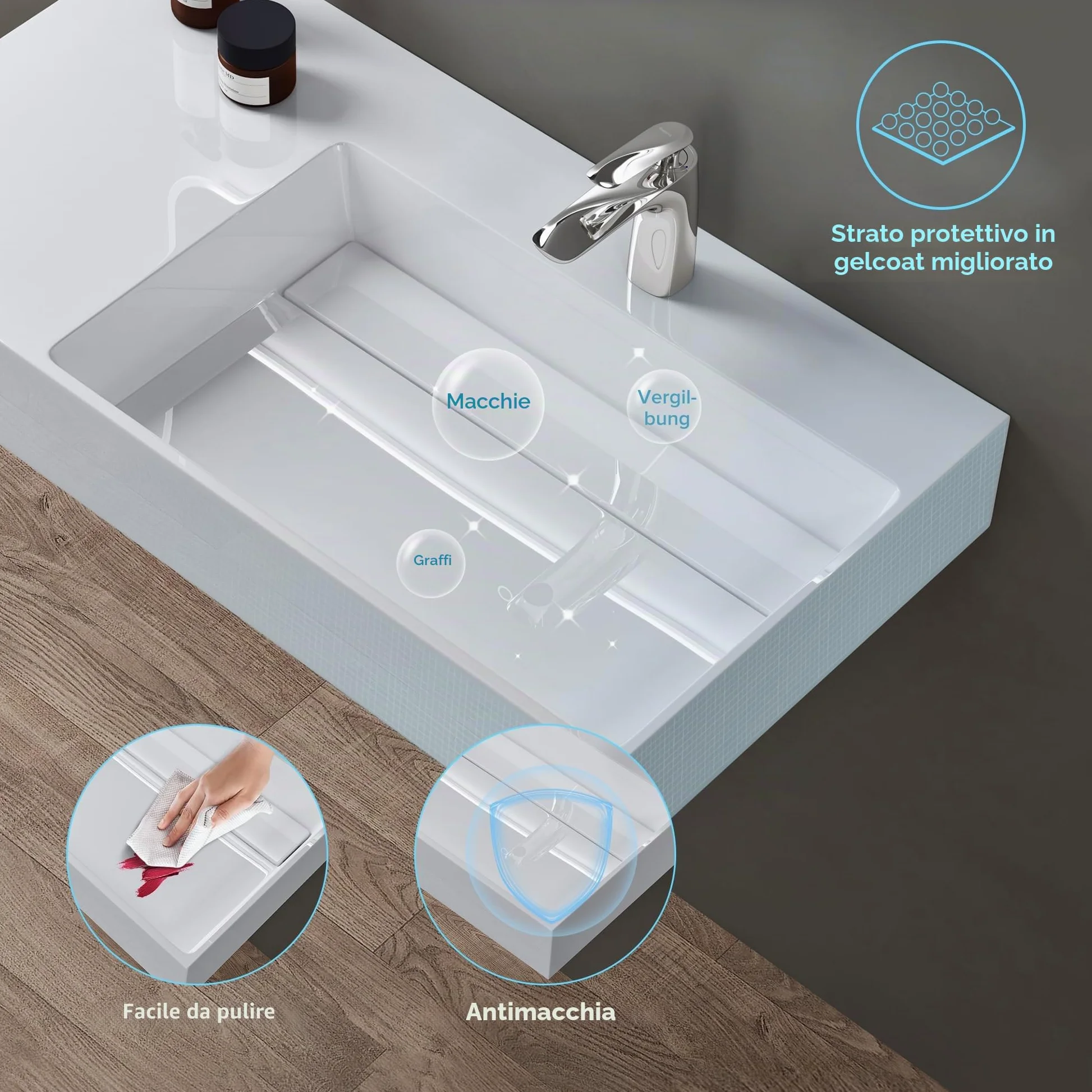 doporro Lavabo Bagno Sospeso Lavabo da Appoggio Rettangolare in Marmo Resina Bianco Lucido, Vasca a Destra 75x43x14 cm con 1 Foro Rubinetto e Piletta Scarico, Colossum12