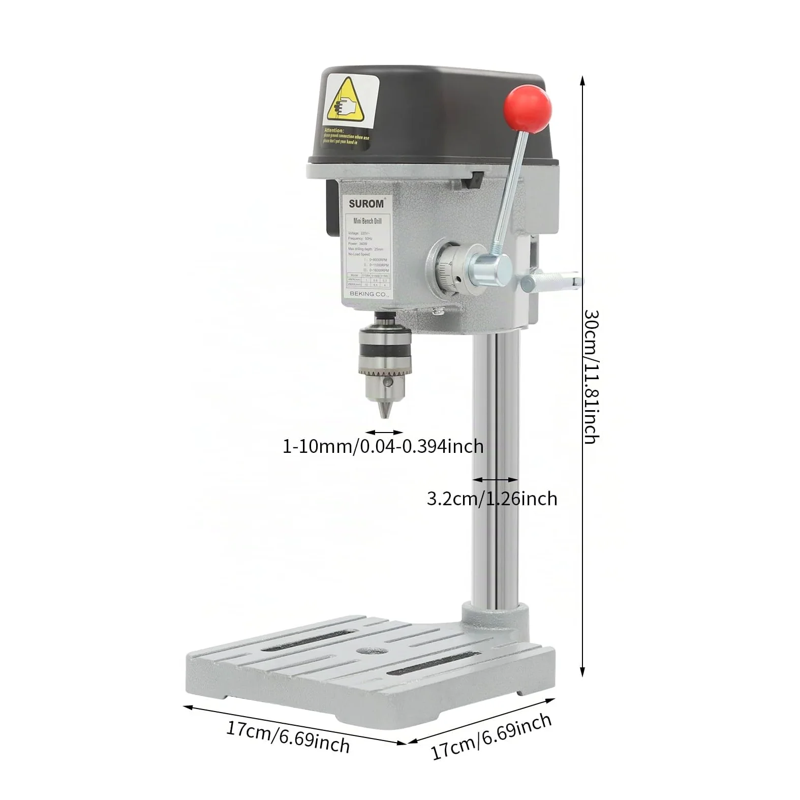 Mini trapano a colonna, 340 W, trapano da banco, con cavo, portatile, con velocità completamente regolabile, per la perforazione di ferro, materiali compositi e altri materiali non duri
