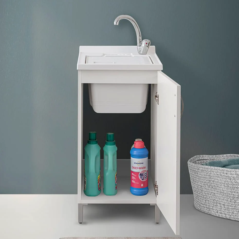 Mobile lavatoio lavanderia in legno con vasca in resina resistente agli acidi, completo di asse di lavaggio e kit sifone + piletta (Bianco, 45x50 cm 1 anta)