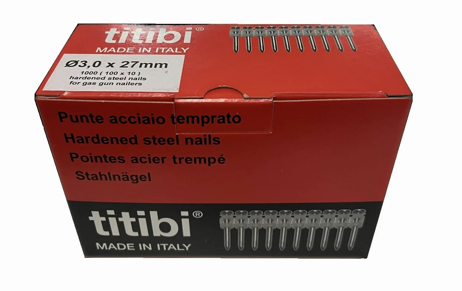 N. 1000 CHIODI TITIBI Ø3,0 X 27mm, COMPATIBILI 100% CON CHIODATRICE A GAS HILT: GX 3, GX 100, GX 100-E, GX 120, GX 120-E (Ø 3,0 X 27)