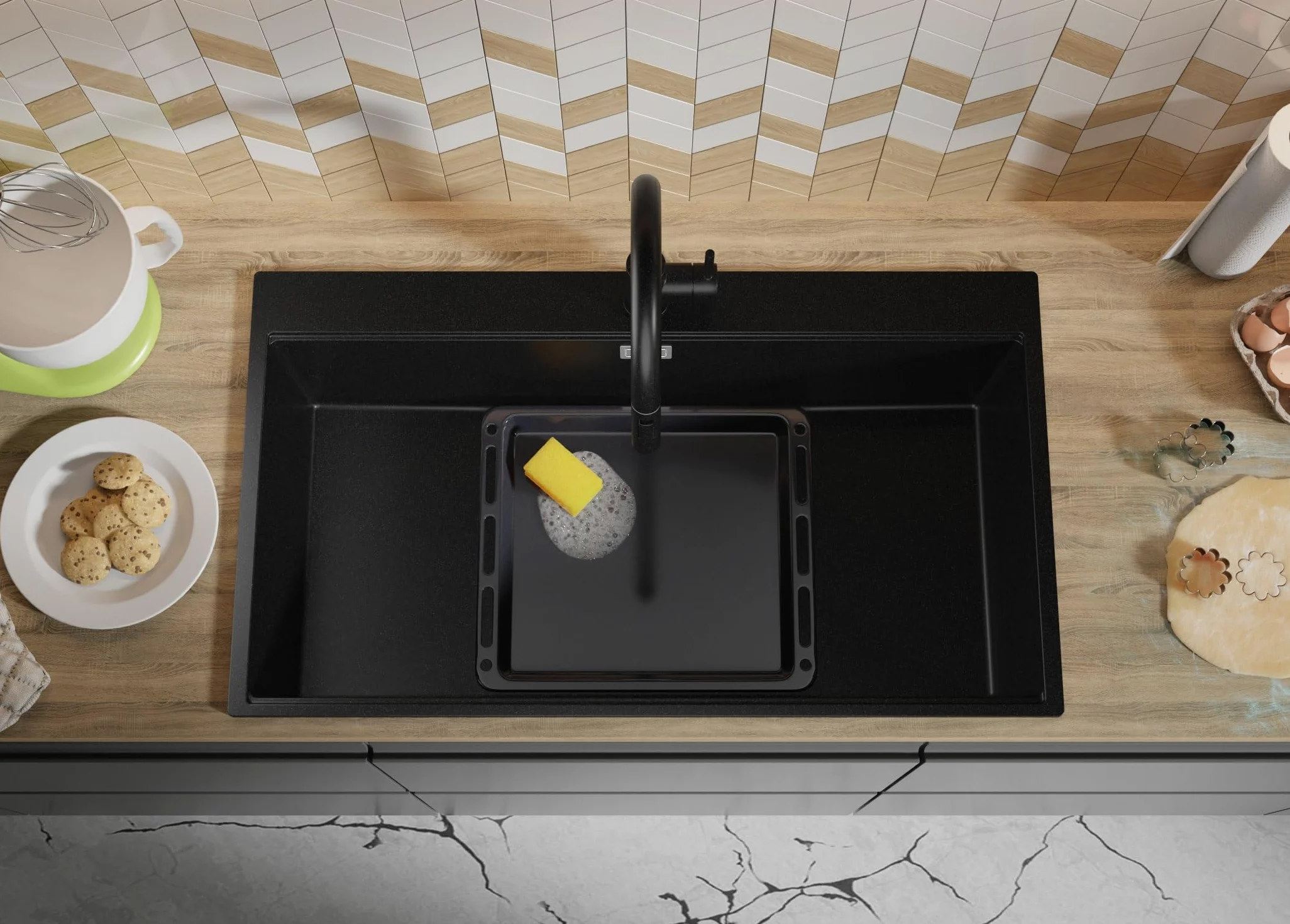 PRIMAGRAN Lavello Angolare Nero 88x50cm, Lavandino in Granito a 1 vasca + Sifone Classico + Tagliere, Lavabo da Cucina Incasso al Mobile 90cm - Oslo 90 Top S705