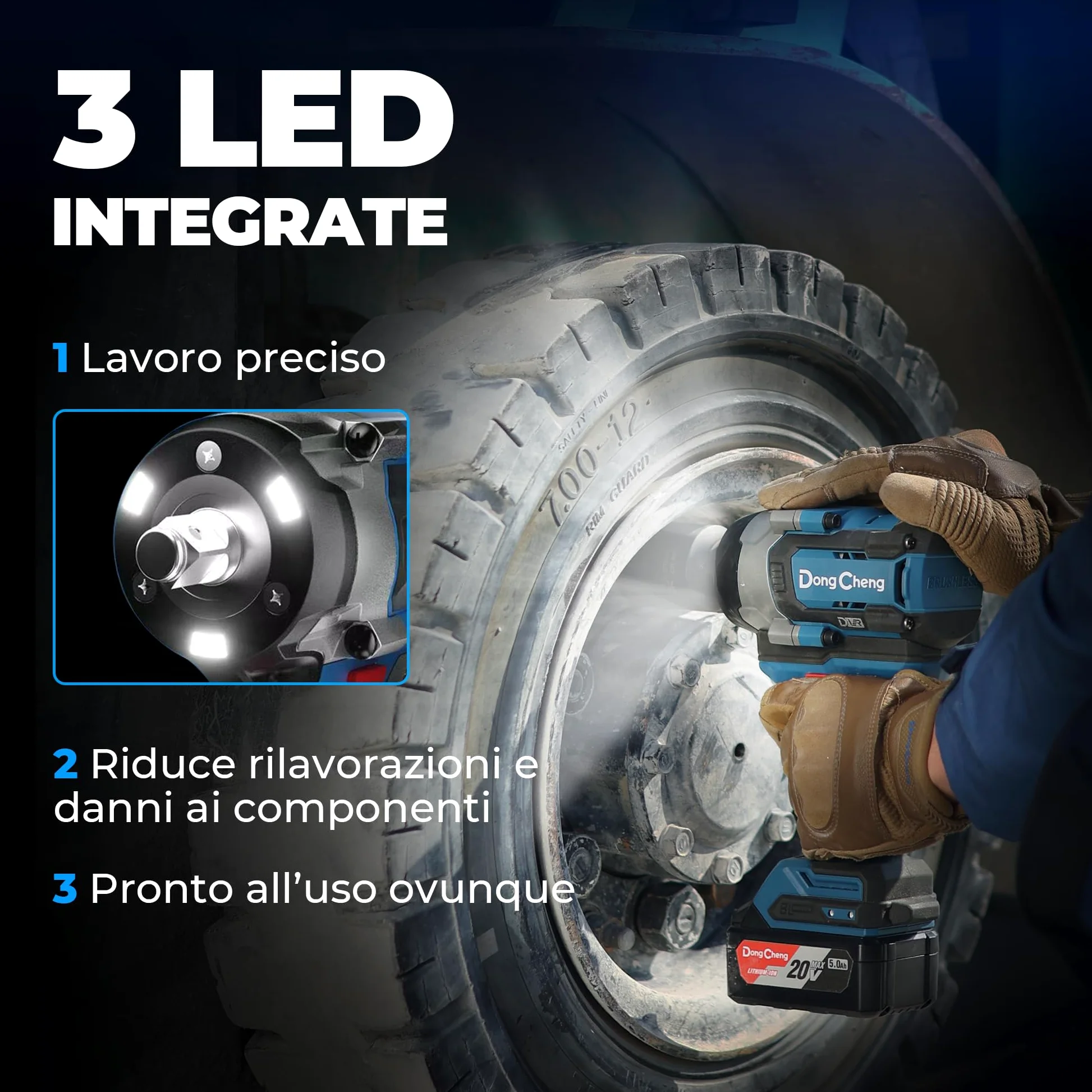 Dong Cheng Chiave a impulsi senza fili Brushless 1/2", 1700 Nm, 3 vel. 0-1900 giri/min, 2x5,0Ah + carica rapida + 3 bussole, per bulloni arrugginiti M10-M24