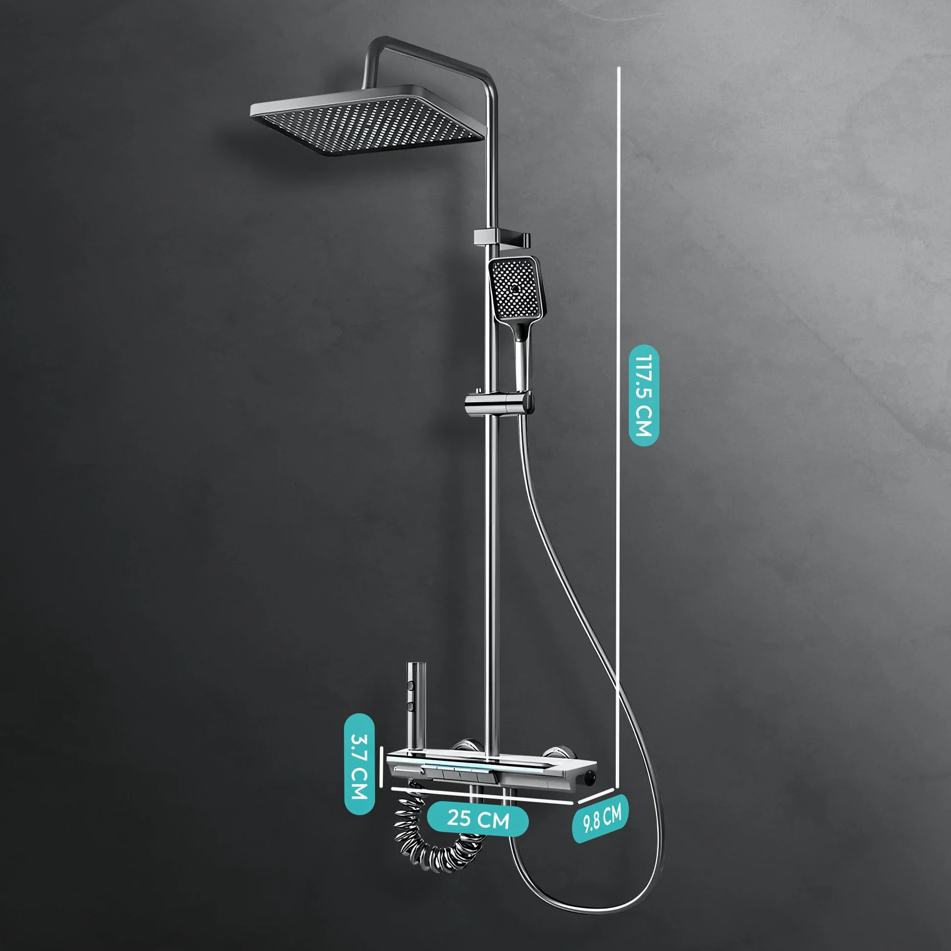 JUPPLIES Colonna Doccia Termostatica Nero Titanio 4 in 1 – Soffione Pioggia 25cm | Display LED | Miscelatore Ceramica | Doccetta + Cascata Vasca | Kit Doccia Completo Nero Opaco