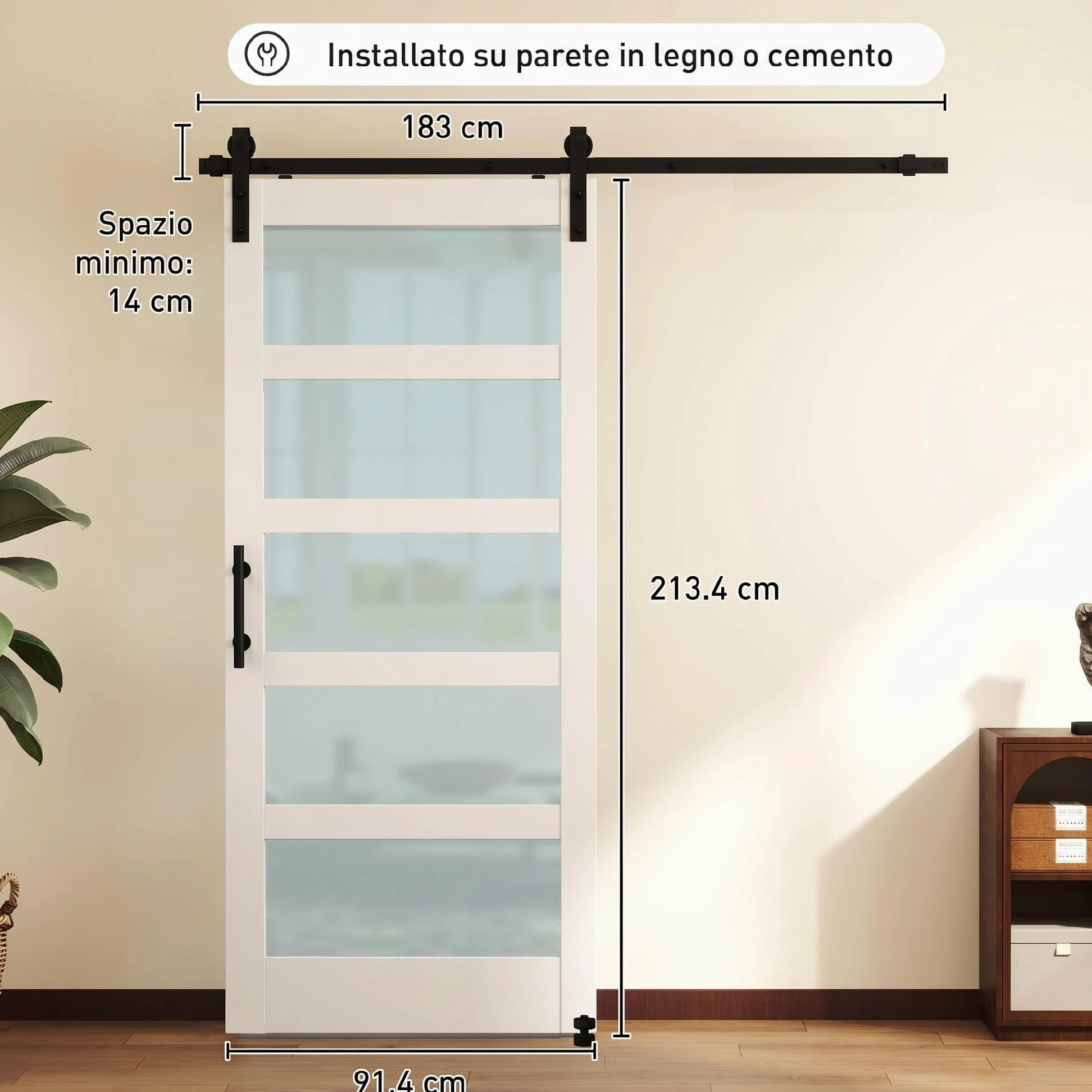 HOMCOM Porta Scorrevole Interno 91.4x213.4cm in Vetro Satinato, MDF e Pino, Binario Silenzioso in Acciaio, Kit Ferramenta, Maniglia Migliorata, Porta da Interno Stile Industriale, Impermeabile, Bagno