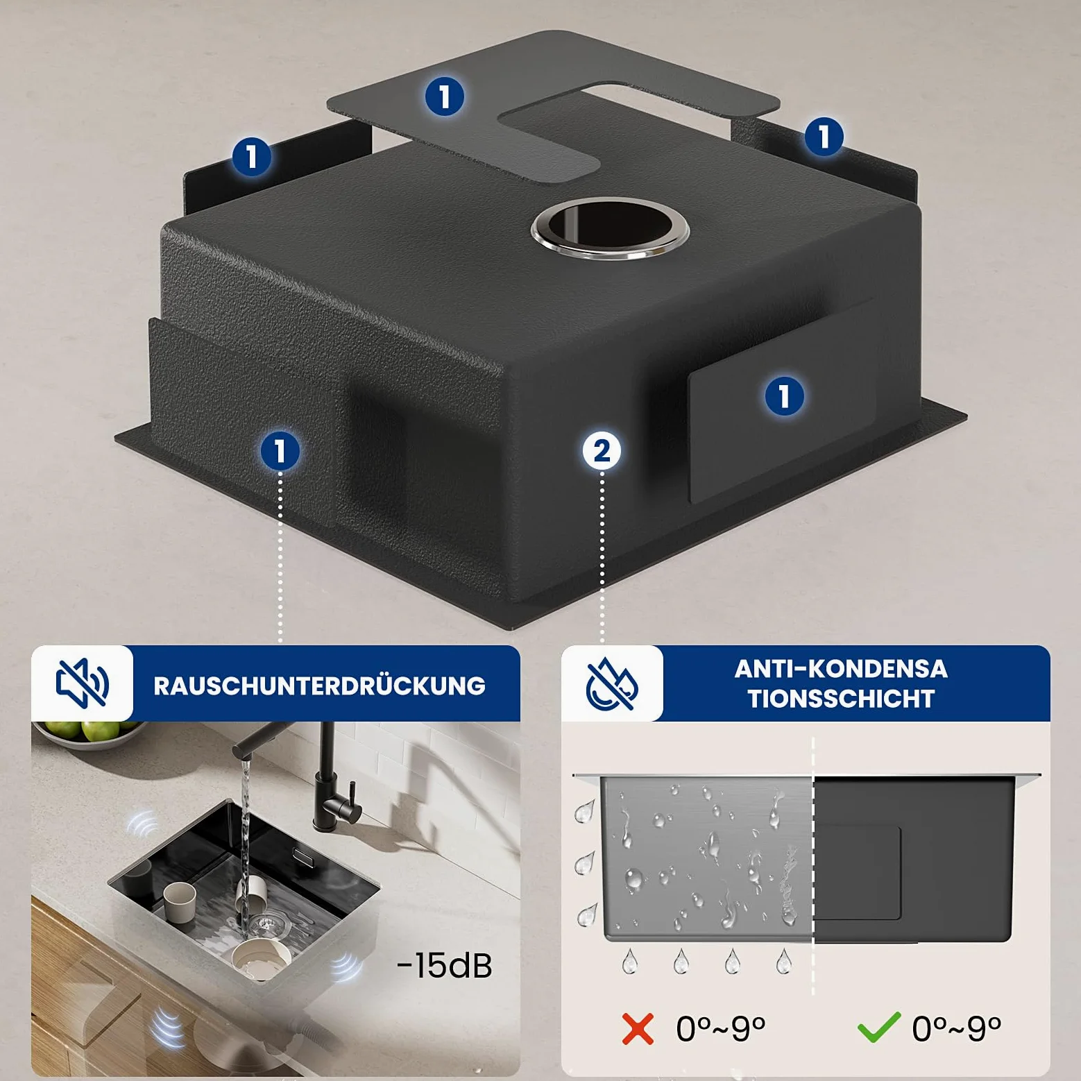 CECIPA Lavello Nero Antracite 50x44cm, Lavello Cucina in Acciaio Inox Angolare, Lavello Cucina in Acciaio Inox Lavello da Incasso Piccolo incluso Sifone, Lavabo Cucina da 50cm di Altezza senza
