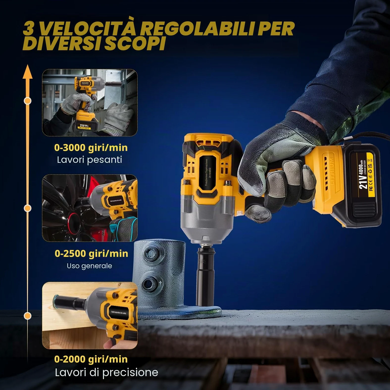 Avvitatore a Impulsi 1200NM 1/2'' 21V 3000RPM Chiave a Percussione ad Alta Coppia 2x 4.0Ah Batteria 3 Livelli di Velocità per Auto, DIY, Tosaerba