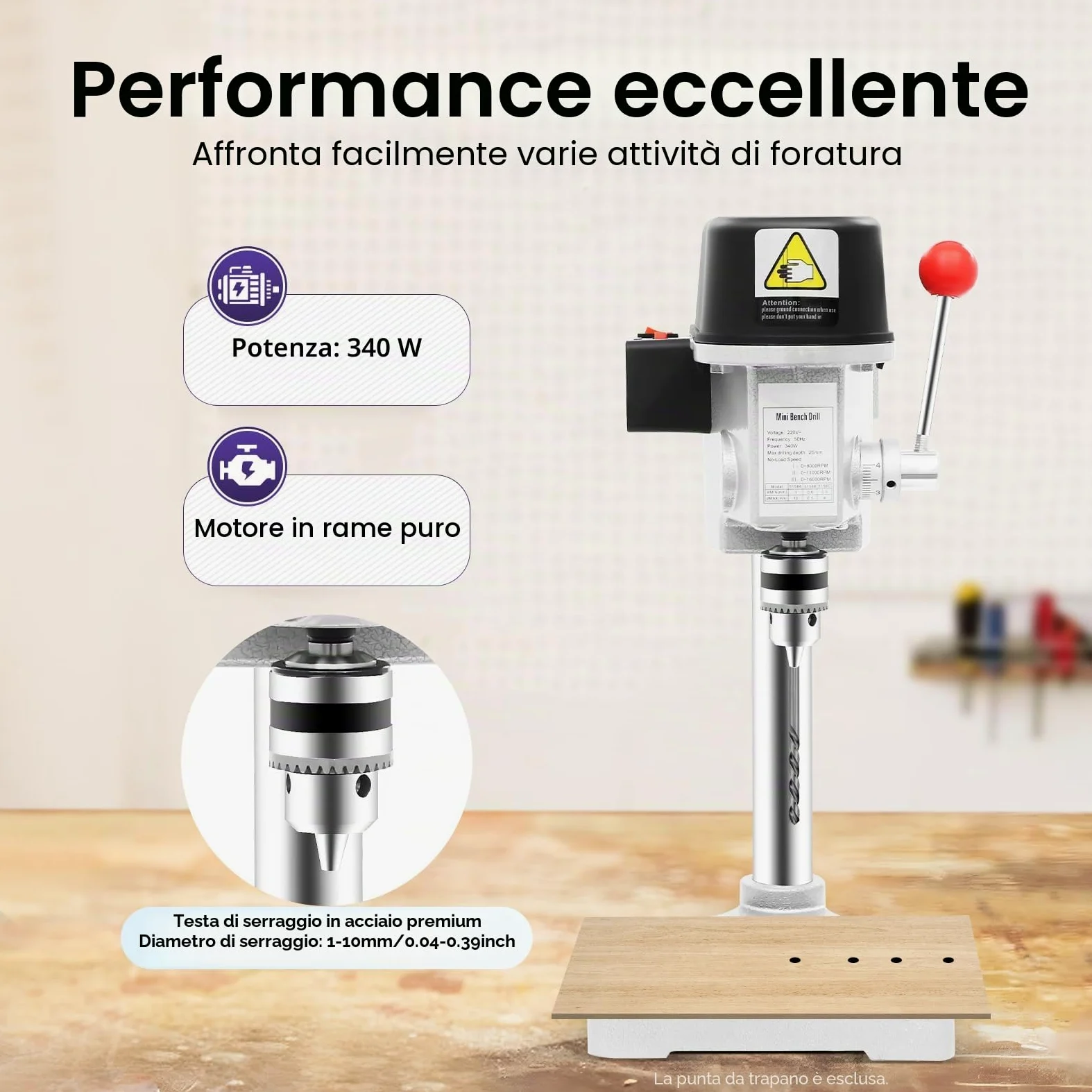 Mini trapano a colonna, 340 W, trapano da banco, con cavo, portatile, con velocità completamente regolabile, per la perforazione di ferro, materiali compositi e altri materiali non duri