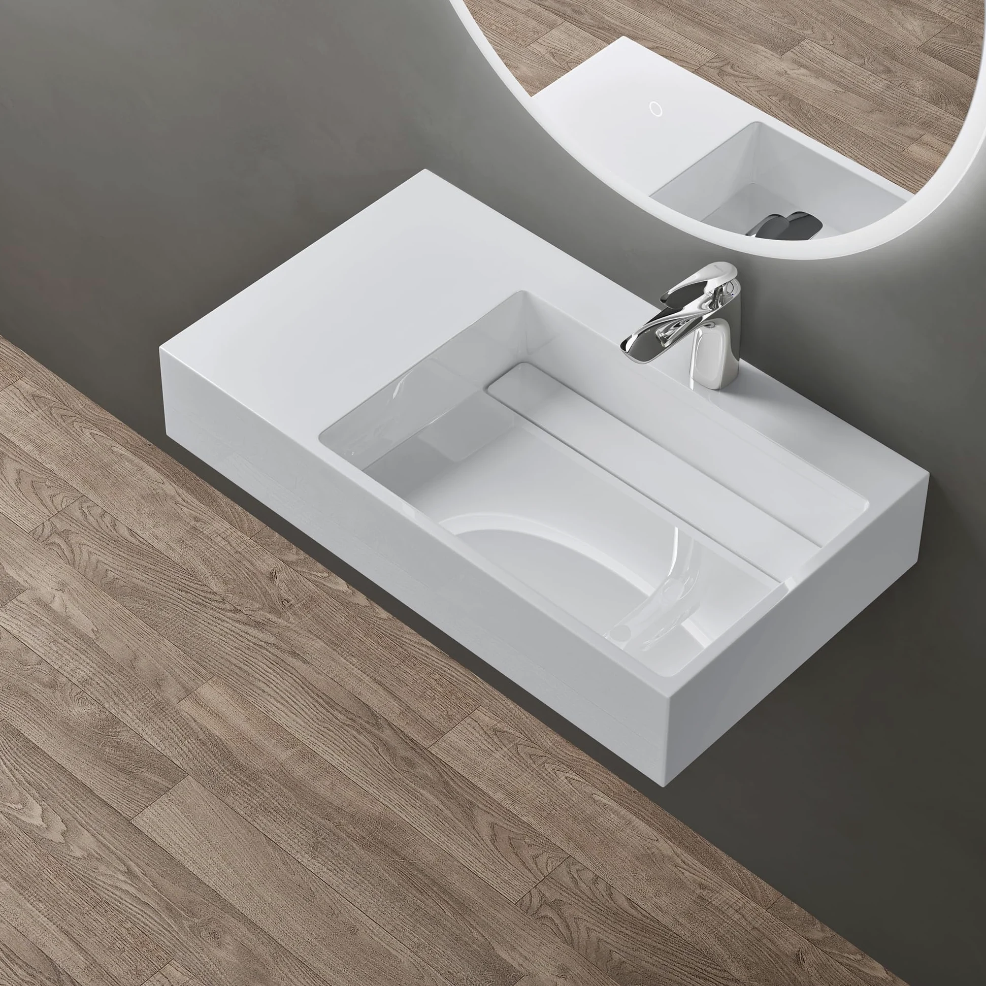 doporro Lavabo Bagno Sospeso Lavabo da Appoggio Rettangolare in Marmo Resina Bianco Lucido, Vasca a Destra 75x43x14 cm con 1 Foro Rubinetto e Piletta Scarico, Colossum12