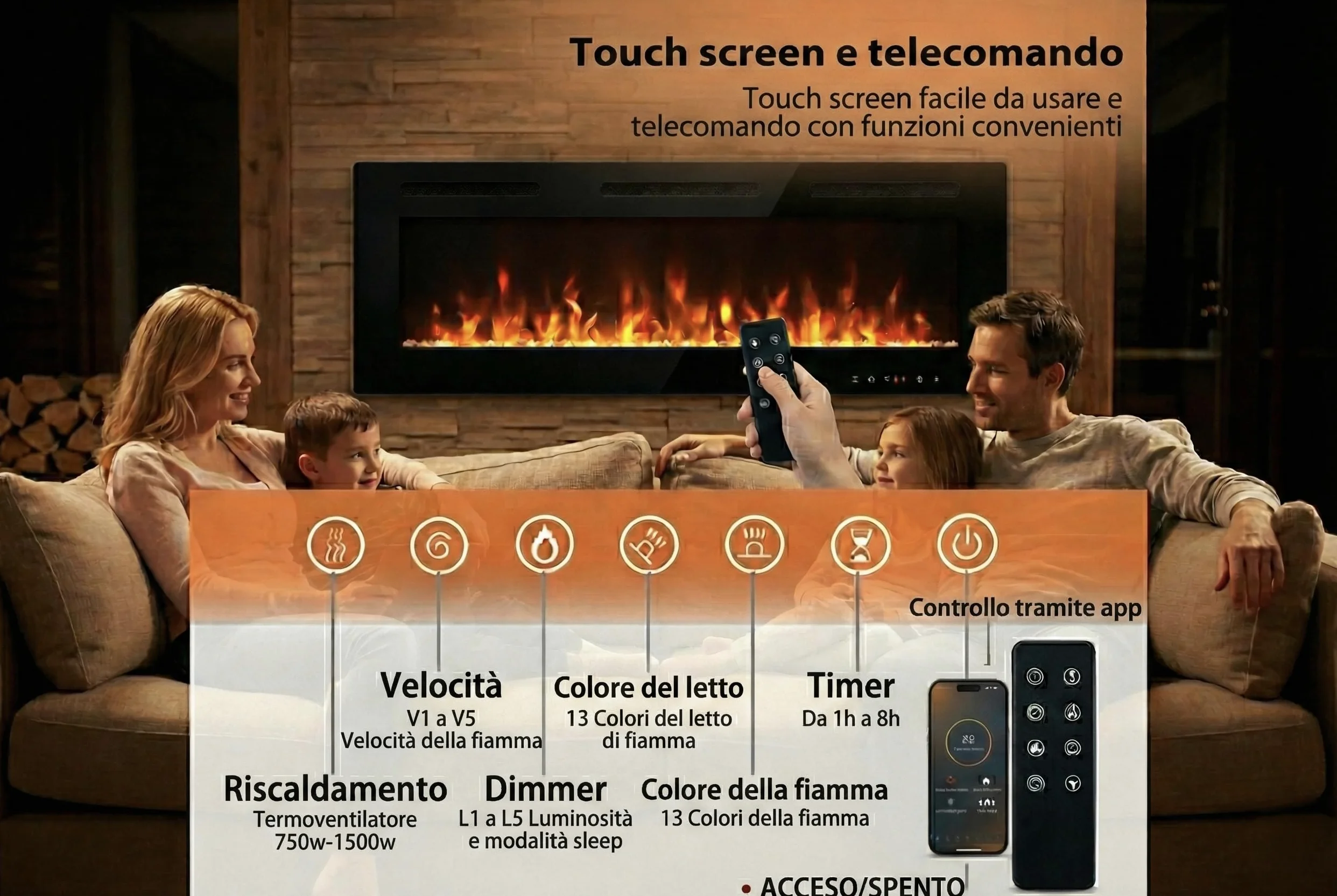 Camino Elettrico da Parete Weka Fireplace Wi-Fi, Ultrasottile, Profondo 7,5 cm, Vetro Temperato, Telecomando e Touch Screen, Riscaldatore da 750/1500 W, Effetto Fiamma Regolabile (127 cm WiFi New)