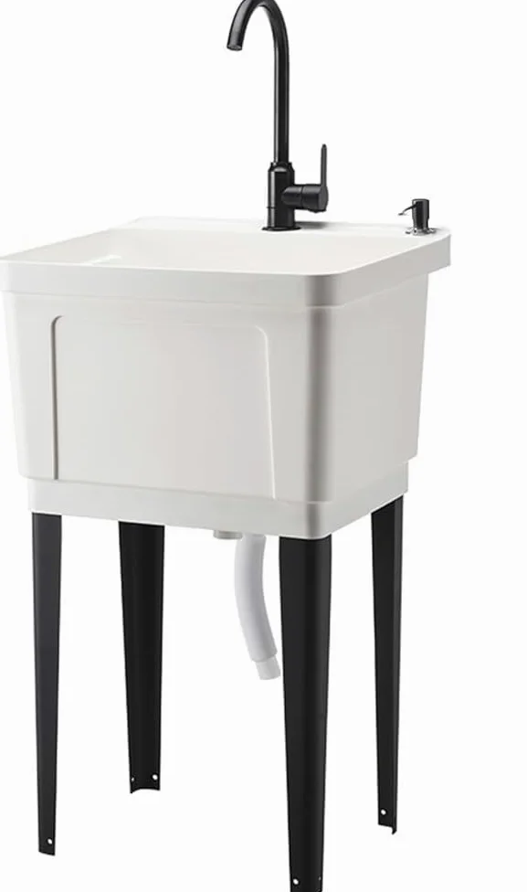 Lavandino autoportante in plastica resistente con rubinetto girevole e dispenser di sapone, grande stazione di lavaggio e drenaggio per lavanderia, cantina, garage (colore: bianco)