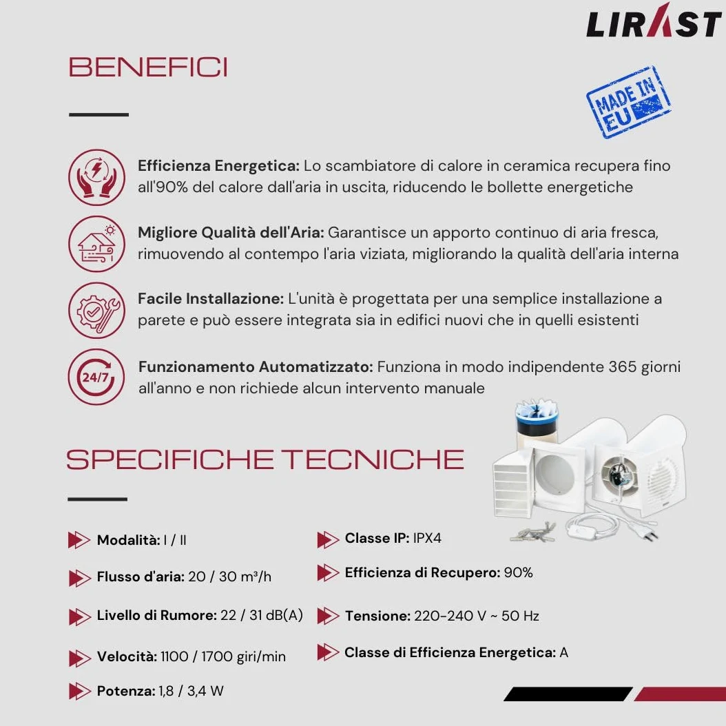 125mm Ventilazione Meccanica Controllata VMC Doppio Flusso Recupero Calore con Cavo - VMC Recuperatore di Calore Doppio Flusso