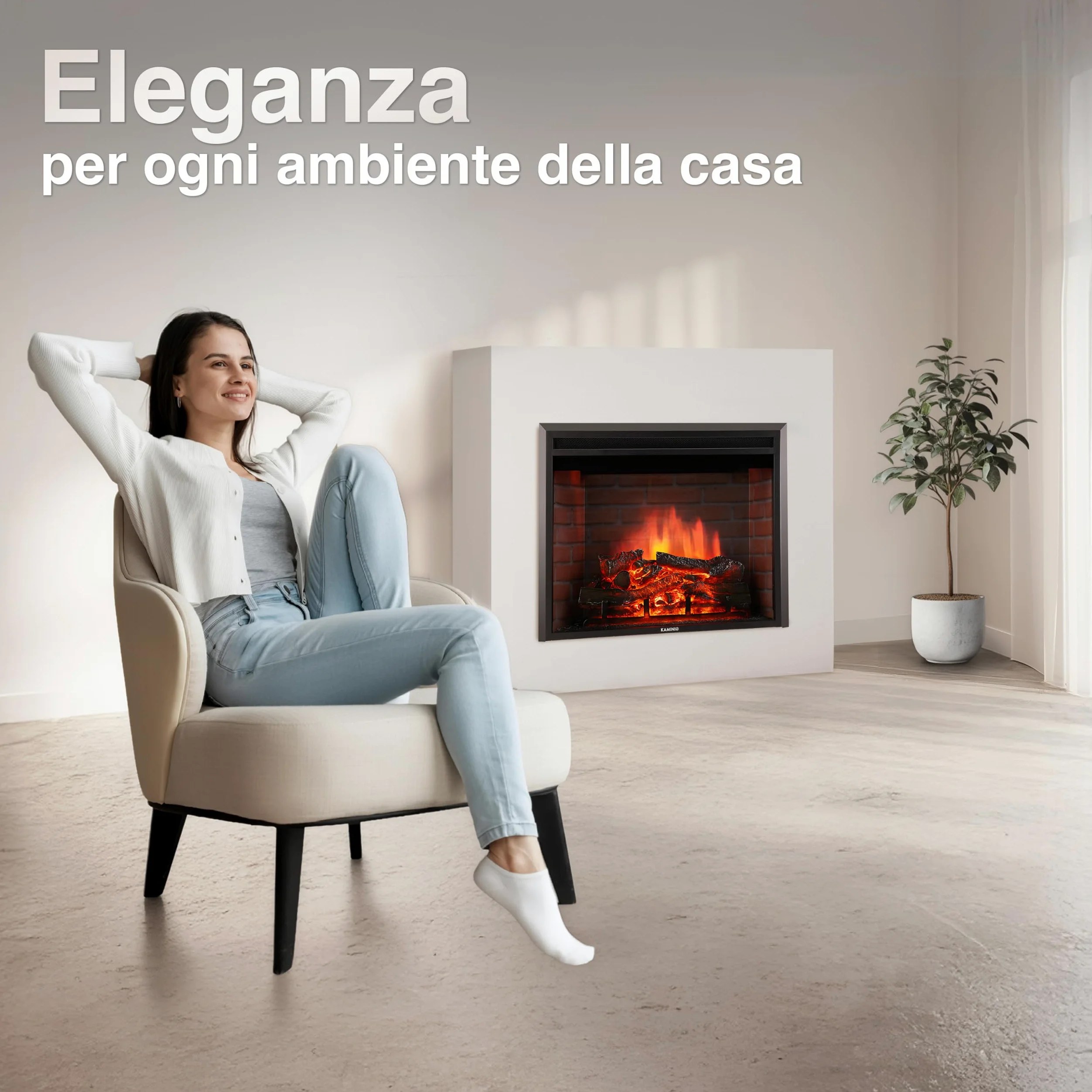 KAMINIO Camino elettrico LUCA - Camino elettrico a incasso con riscaldamento, effetto fiamma 3D, 12 colori di fiamma, telecomando (30 pollici)