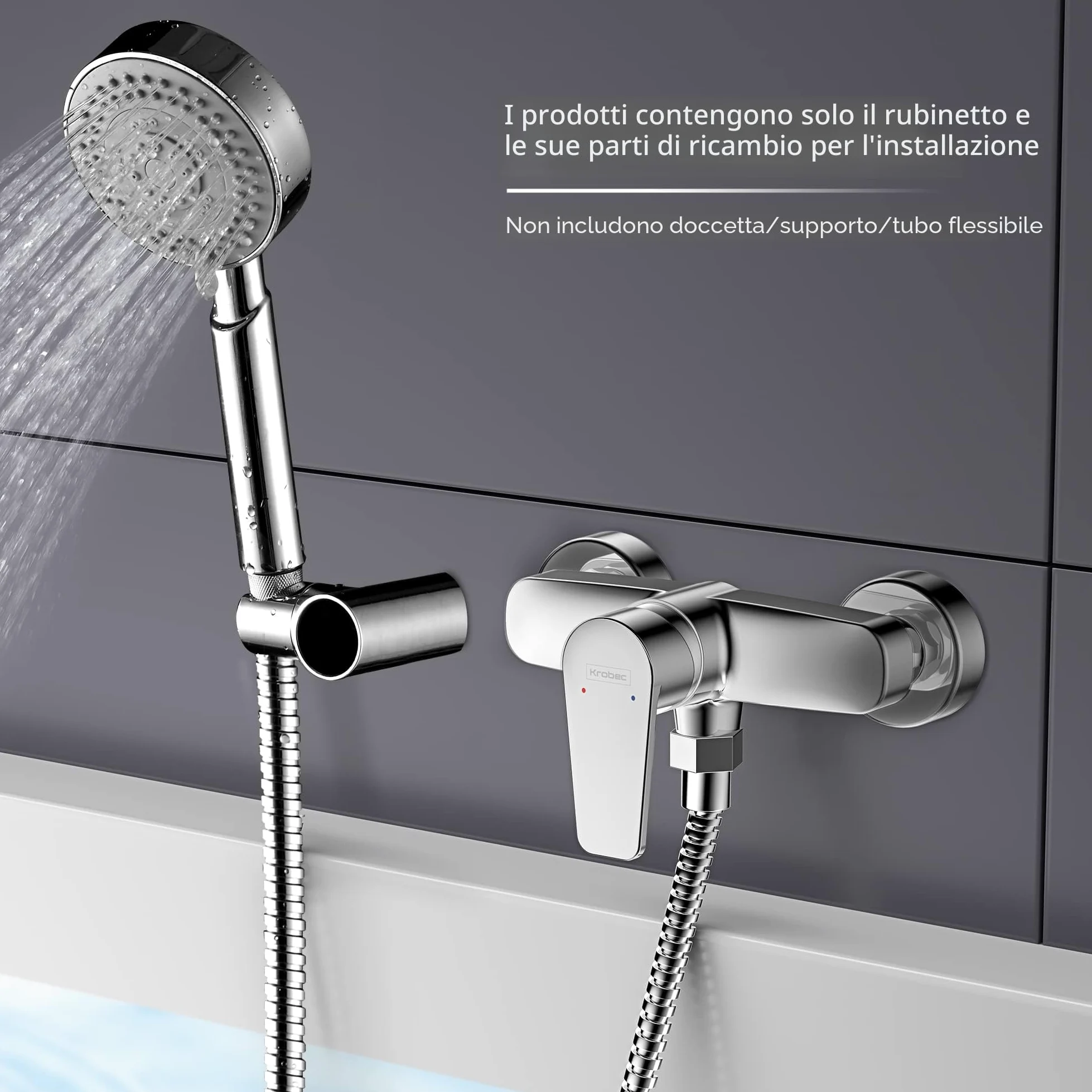 Krobec Rubinetto da doccia a parete, miscelatore monocomando per doccia, montaggio a parete, miscelatore per doccia, batteria per doccia con una sola mano, ottone, inserto valvola in ceramica (cromato