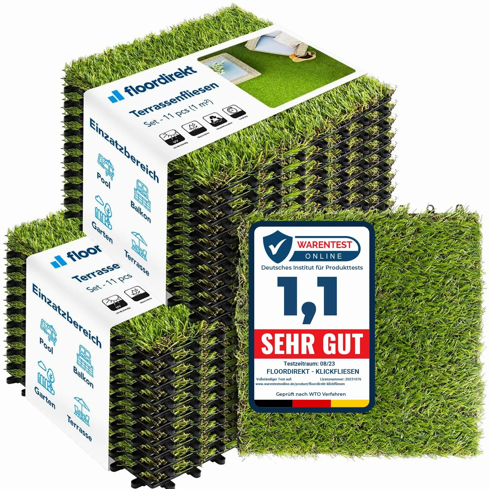 Floordirekt Piastrelle a clic, 30 x 30 cm, 2 m² = 22 piastrelle per terrazze, balconi e terrazze, resistenti alle intemperie, con funzione di drenaggio, erba