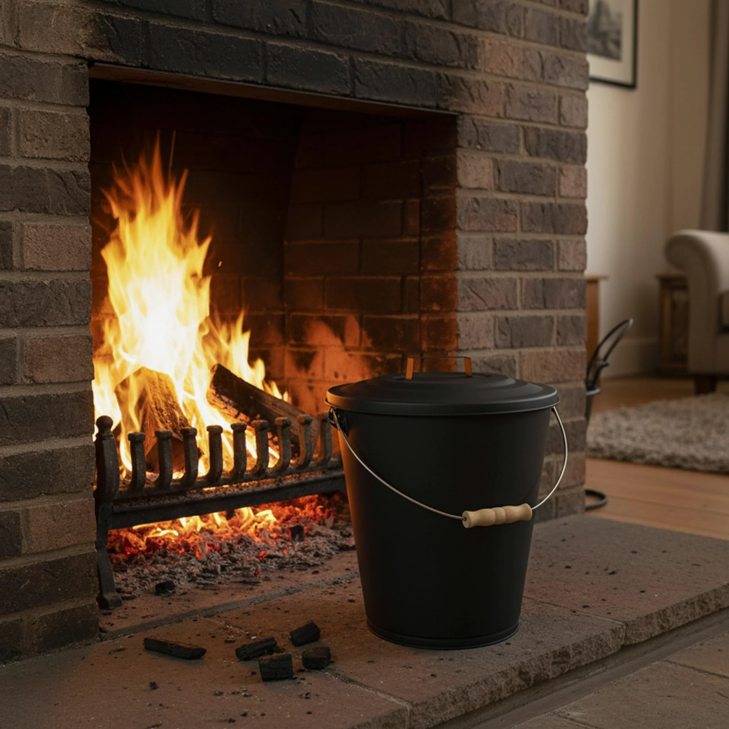 Relaxdays Secchio per Cenere con Coperchio, 24 L, Scopa e Paletta per Camino, Contenitore con Manico, Nero/Naturale