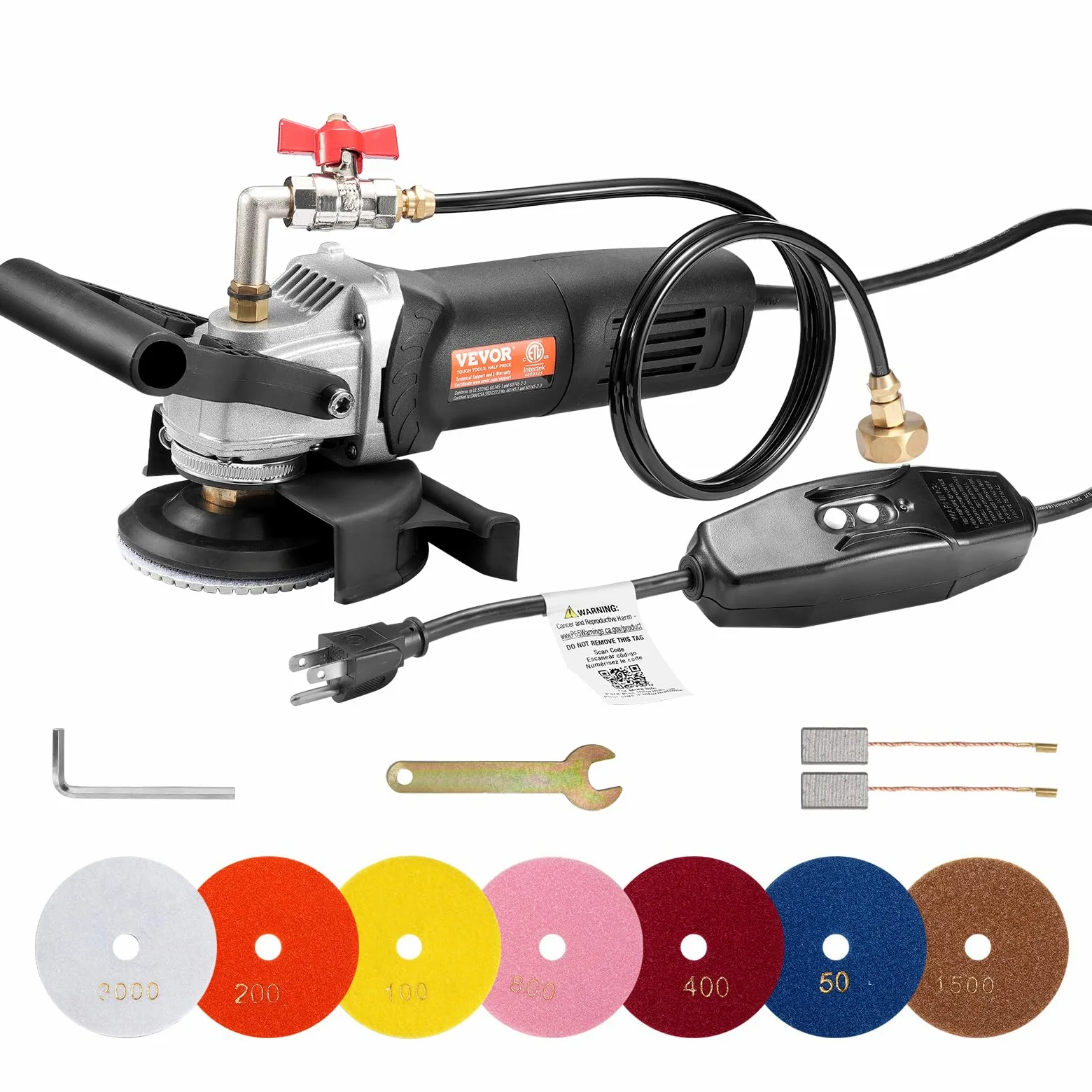 VEVOR Lucidatrice a Umido 800 W, Lucidatrice per Calcestruzzo da 100 mm 6 Velocità Regolabile 7 Tamponi per Lucidatura 1000-4000 giri/min, Interruttore GFCI, per Marmo, Pietra, Roccia, Piastrelle