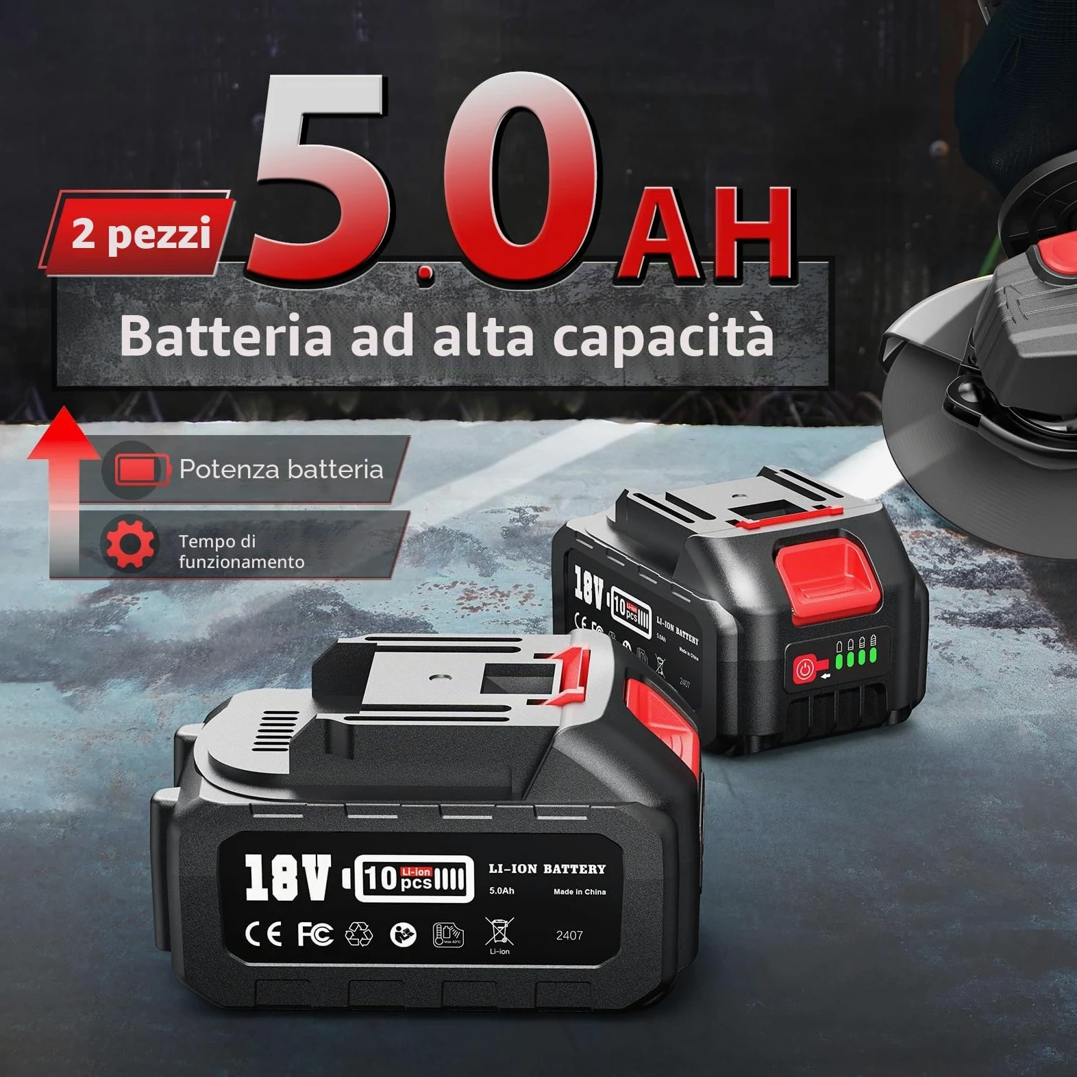 Smerigliatrice angolare a batteria con 2 x 5,0 Ah, 9500 giri/min, smerigliatrice angolare da 125 mm, senza spazzole, batteria Flex con dischi da taglio, mola per taglio, rimozione della ruggine