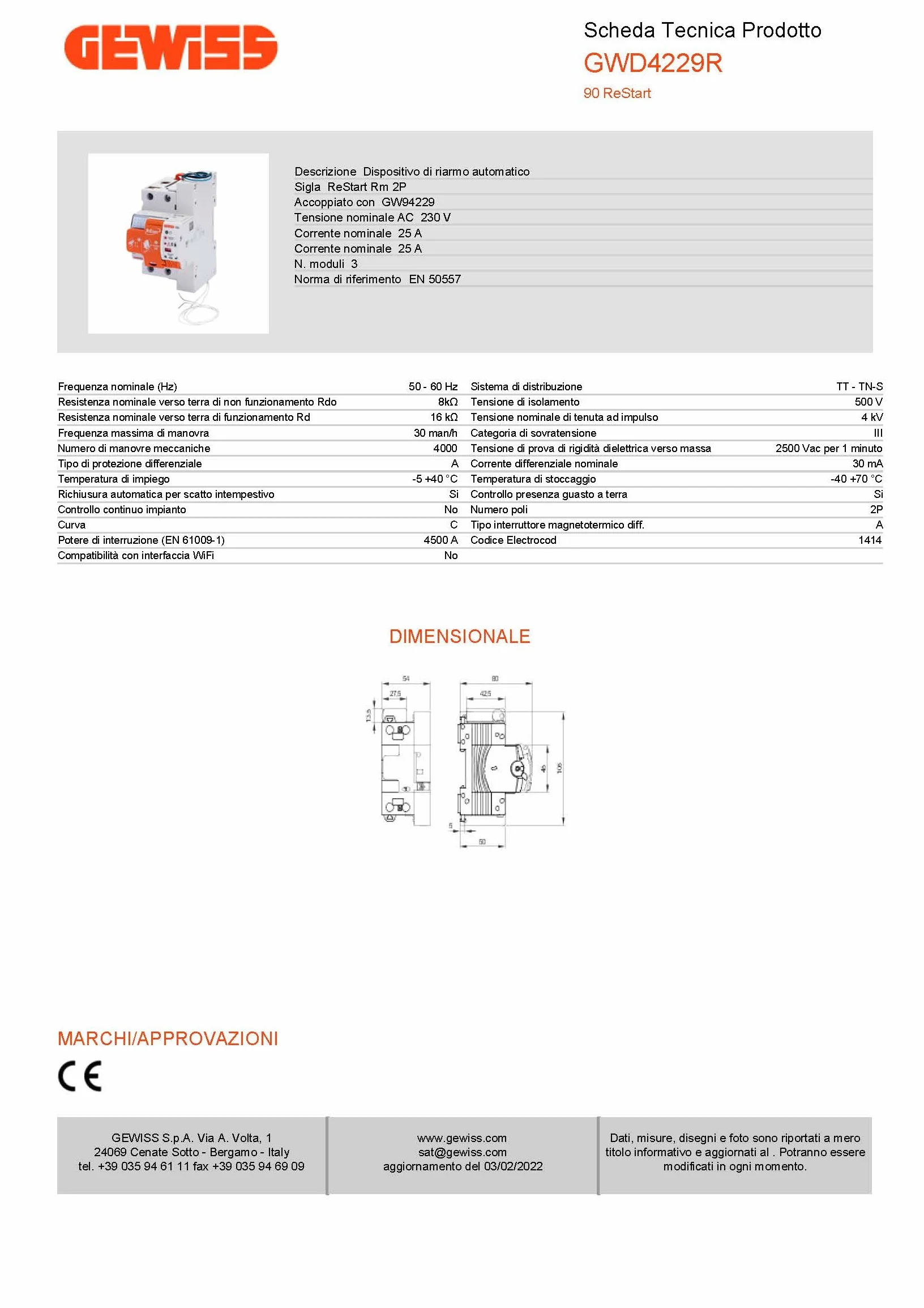 GEWISS - GWD4229R - Restart Rm - 2 Poli - Accoppiato Con Mdc - 25 A 4500A Tipo A Curva C Idn=0,03 A 230 V - 3 Moduli En 50022