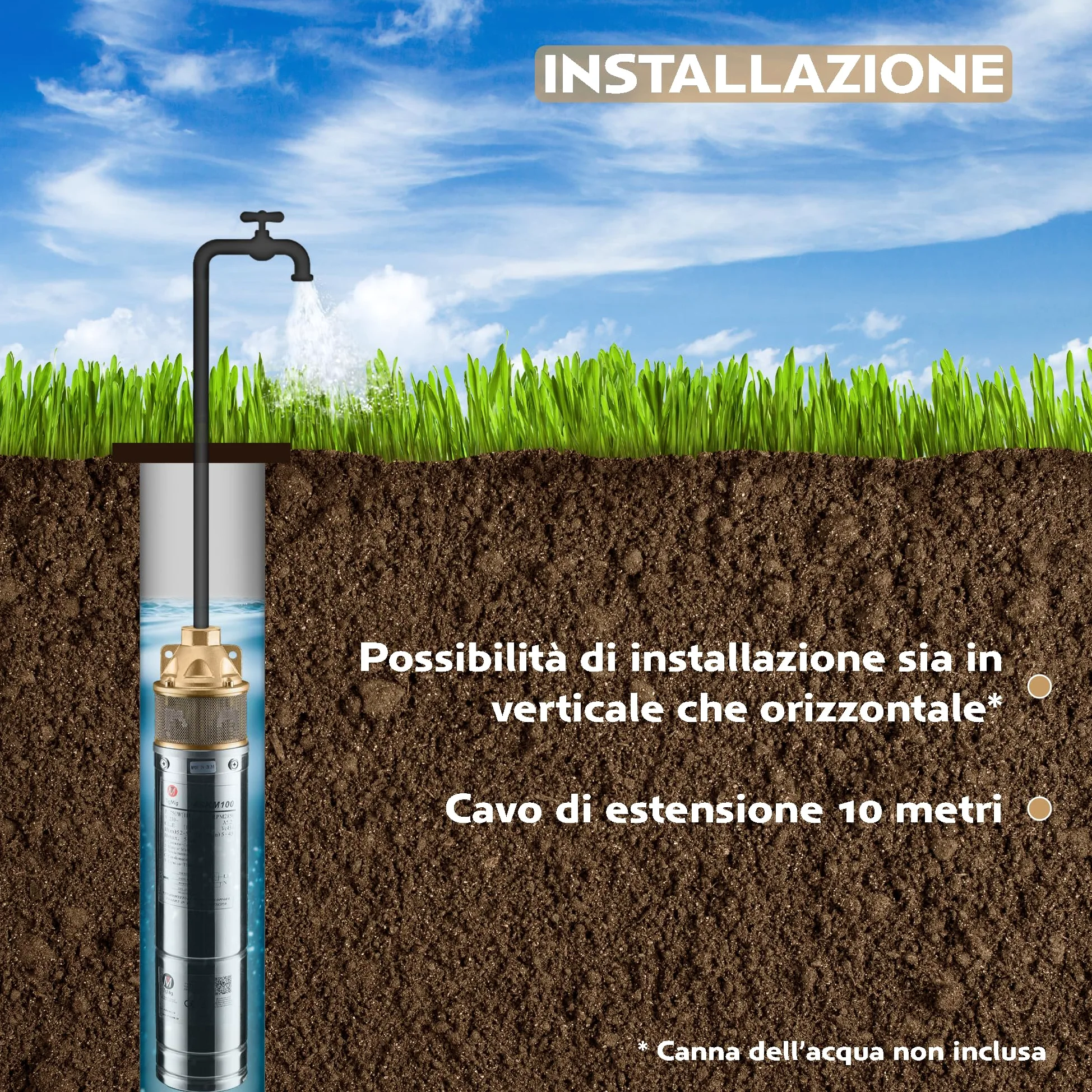 TIGMIG Pompa Sommersa Per Pozzi 750 W, 10m, Portata Max 2700 litri/h, Acciaio Inox 304, Protezione IP68, Pompa Immersione Sommergibile, Pozzi Profondi, Terreni Agricoli, Irrigazione, Drenaggio Cantine