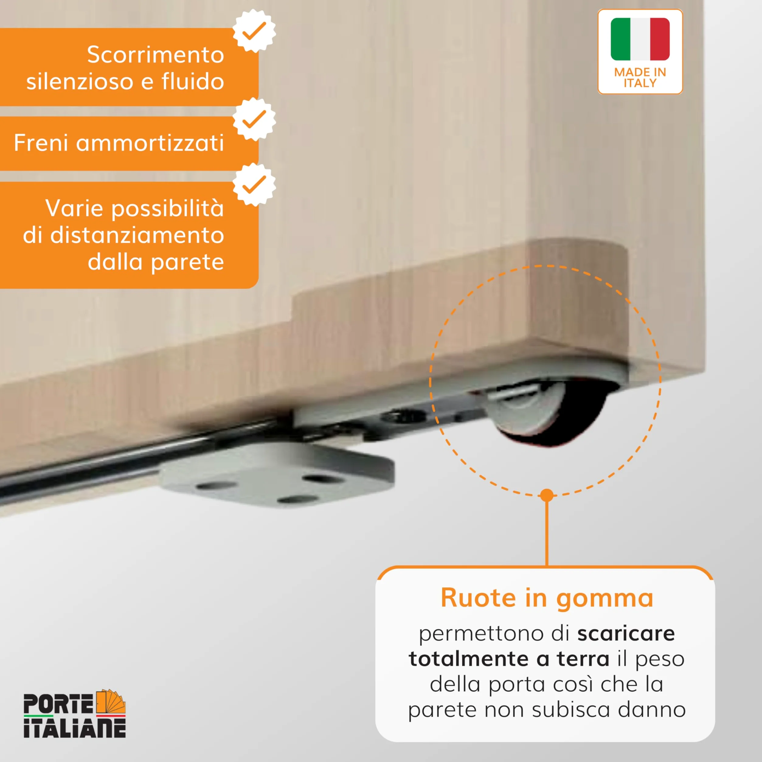 Porte Italiane, Binario Porta Scorrevole Invisibile MAGICAL 1200, per Porta Scorrevole Esterno Muro in Legno Larga da 80 cm a 120 cm, Kit con Meccanismo, Accessori e Guida