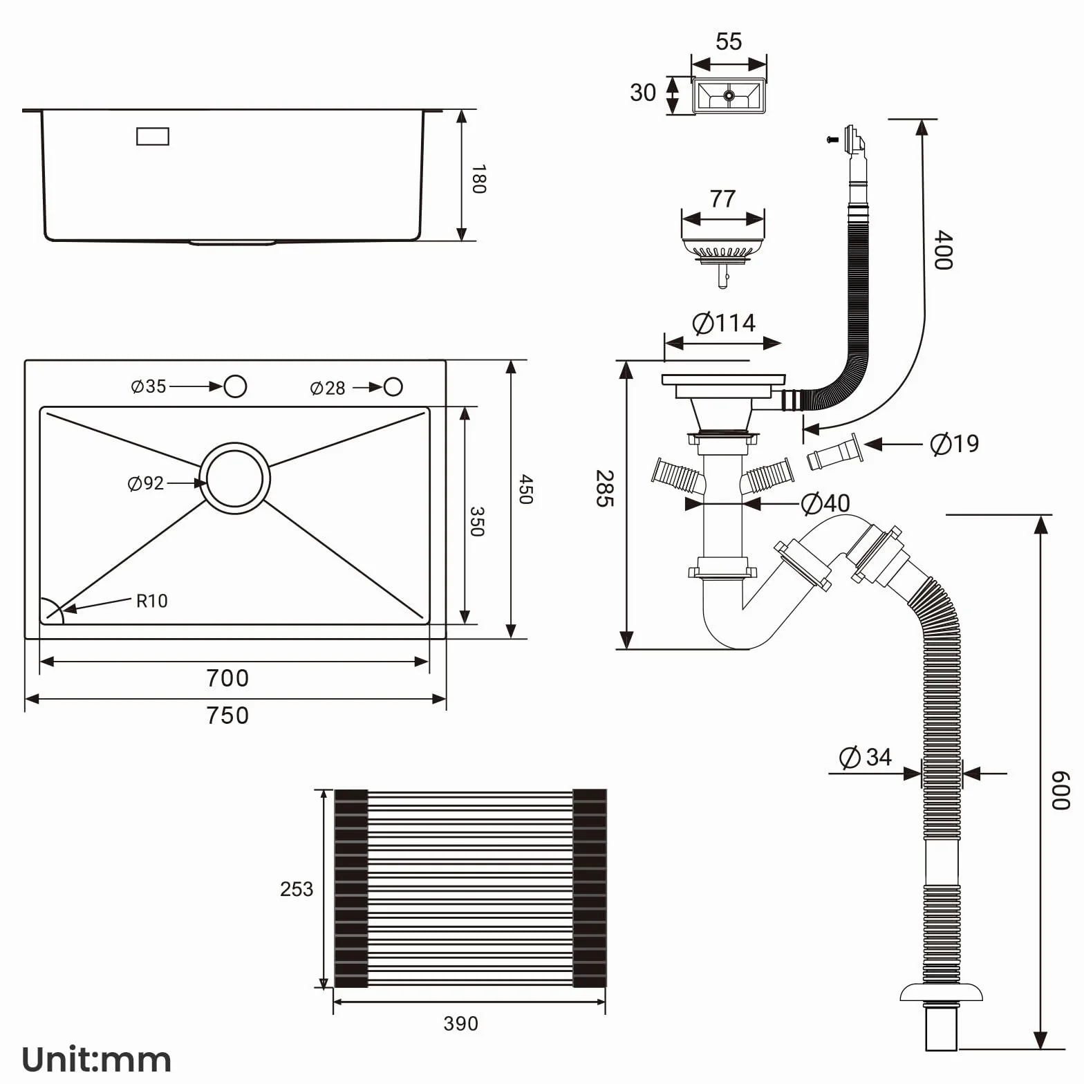 Auralum Lavandino Cucina 75 x 45 cm, Lavello Cucina 1 Vasca con Gocciolatoio, Lavabo Cucina Acciaio Inox da Appoggio con Troppopieno, Sifone e Set di Drenaggio