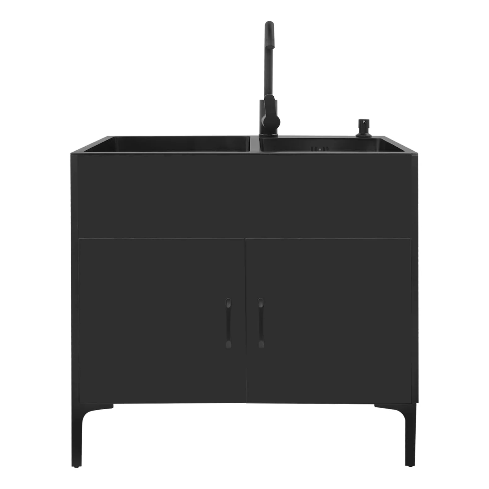 Lavello da cucina autoportante con base e rubinetto, in acciaio inox con 2 vasche scolapiatti e scarico, per cucina, giardino, esterno, officina, lavanderia, campeggio (nero)