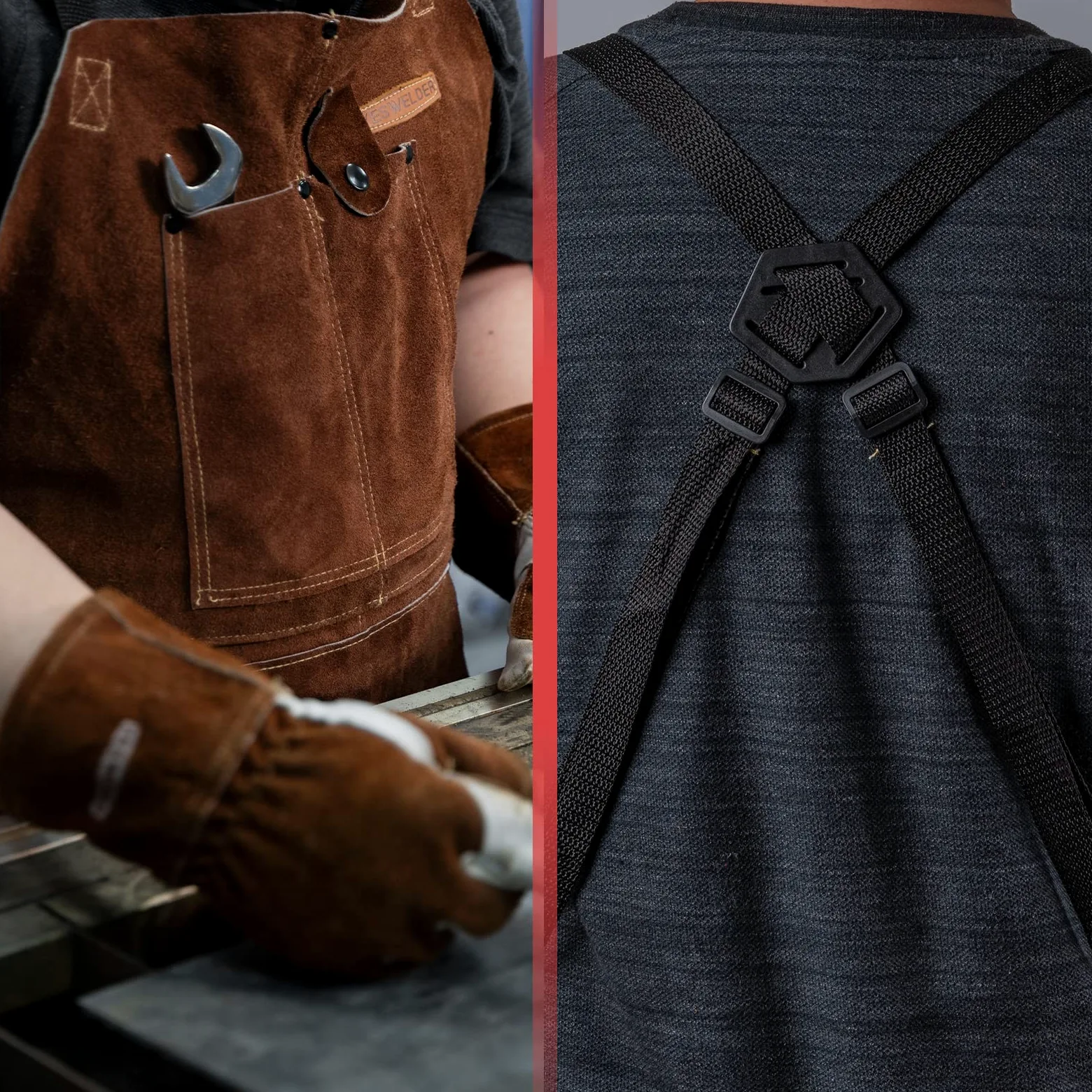 YESWELDER Grembiule da saldatura in pelle con 6 tasche Grembiule da saldatore in pelle bovina resistente al calore e alla fiamma, regolabile per saldatori, uomini e donne, lunghezza 1 m