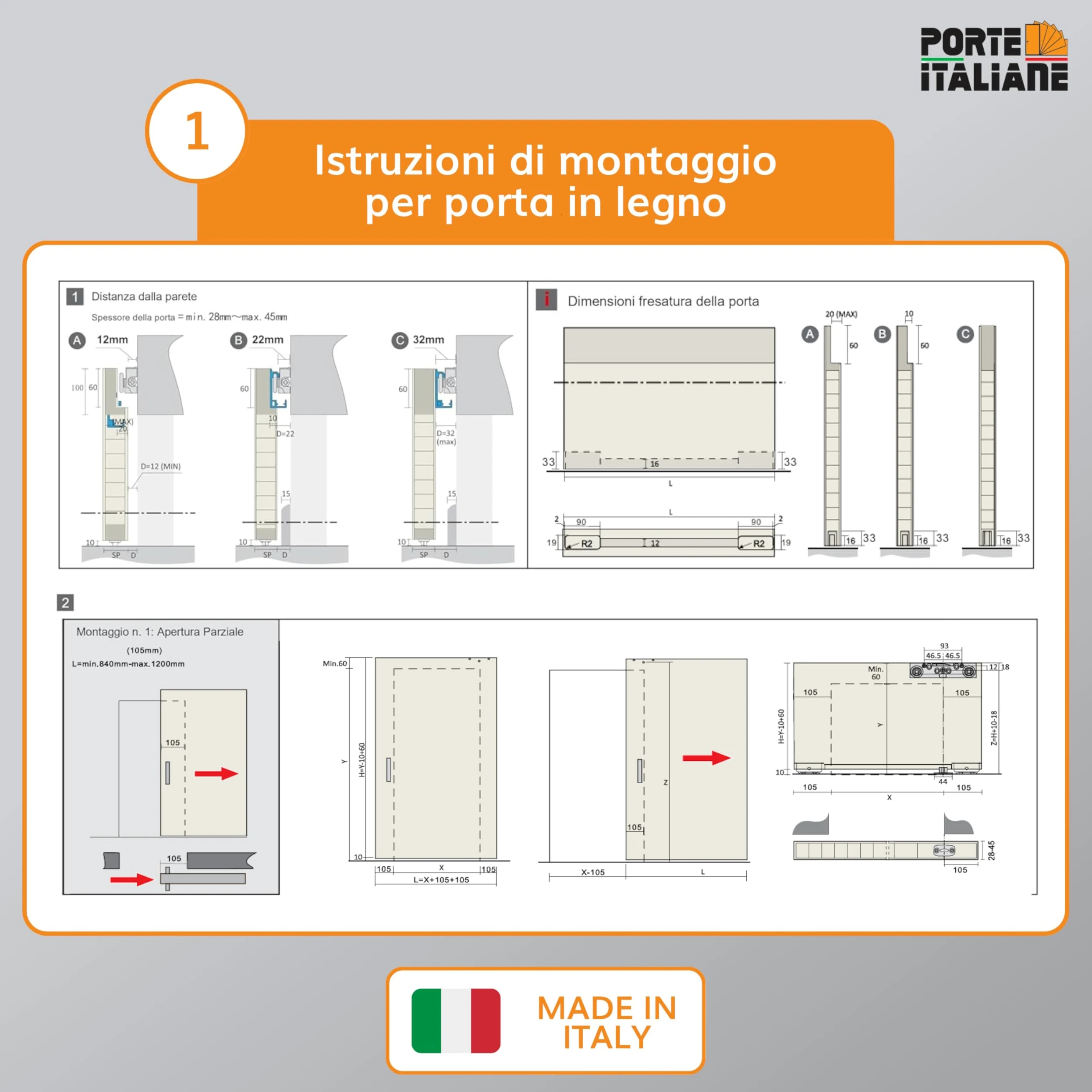 Porte Italiane, Binario Porta Scorrevole Invisibile MAGICAL 1200, per Porta Scorrevole Esterno Muro in Legno Larga da 80 cm a 120 cm, Kit con Meccanismo, Accessori e Guida