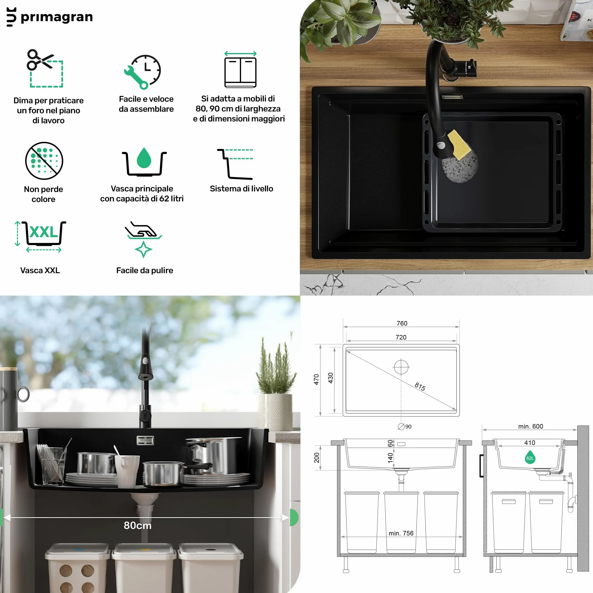 PRIMAGRAN Lavello da Cucina Tutto Nero 76x47cm, Lavandino in Granito a 1 vasca + Set di accessori, Lavabo da Cucina Incasso al Mobile 80cm - Prague Level Slim S547