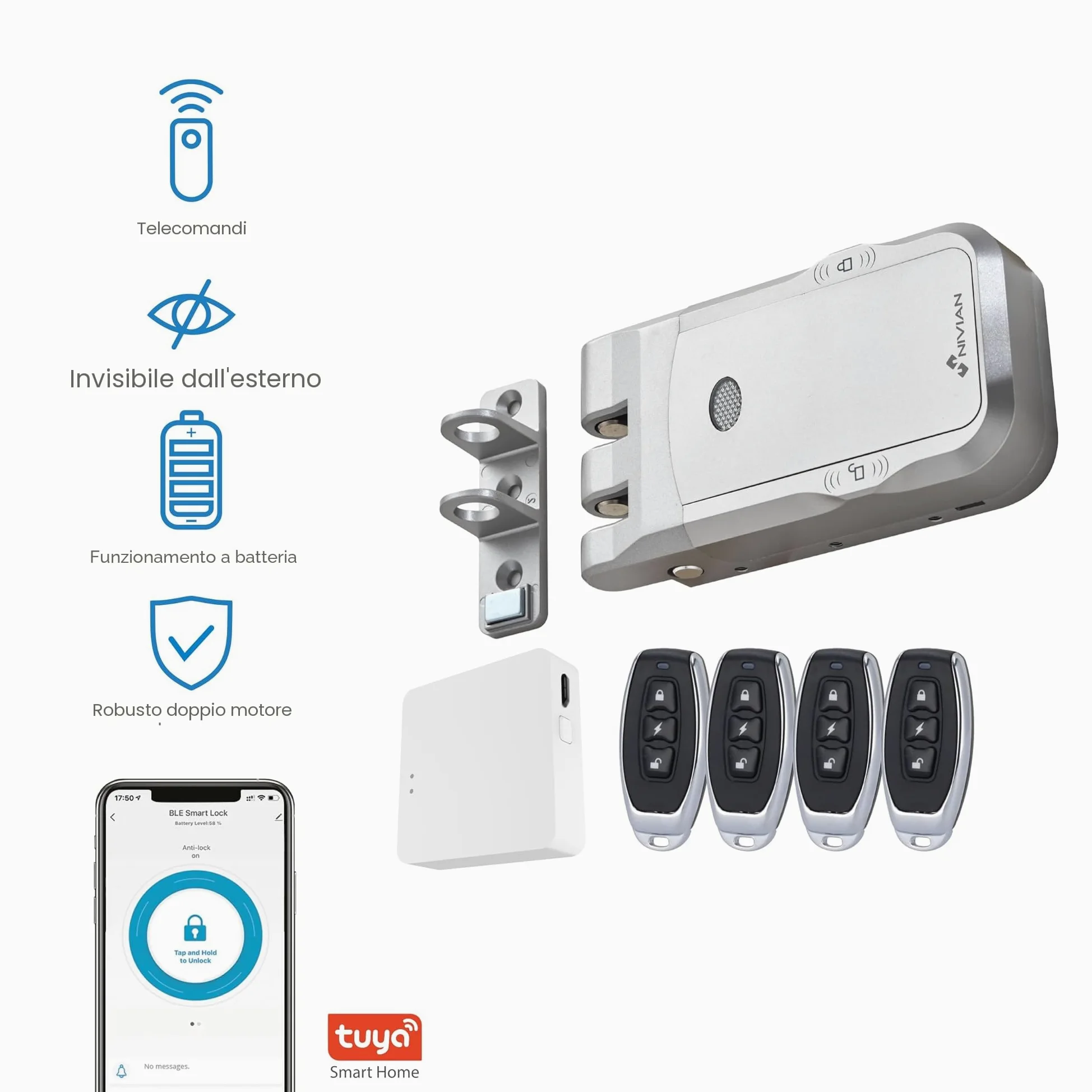 NIVIAN Serratura Invisibile Intelligente WiFi – Chiavistello Elettronico con App e Telecomandi, Doppio Motore Antivandalo, Apertura da Interno ed Esterno
