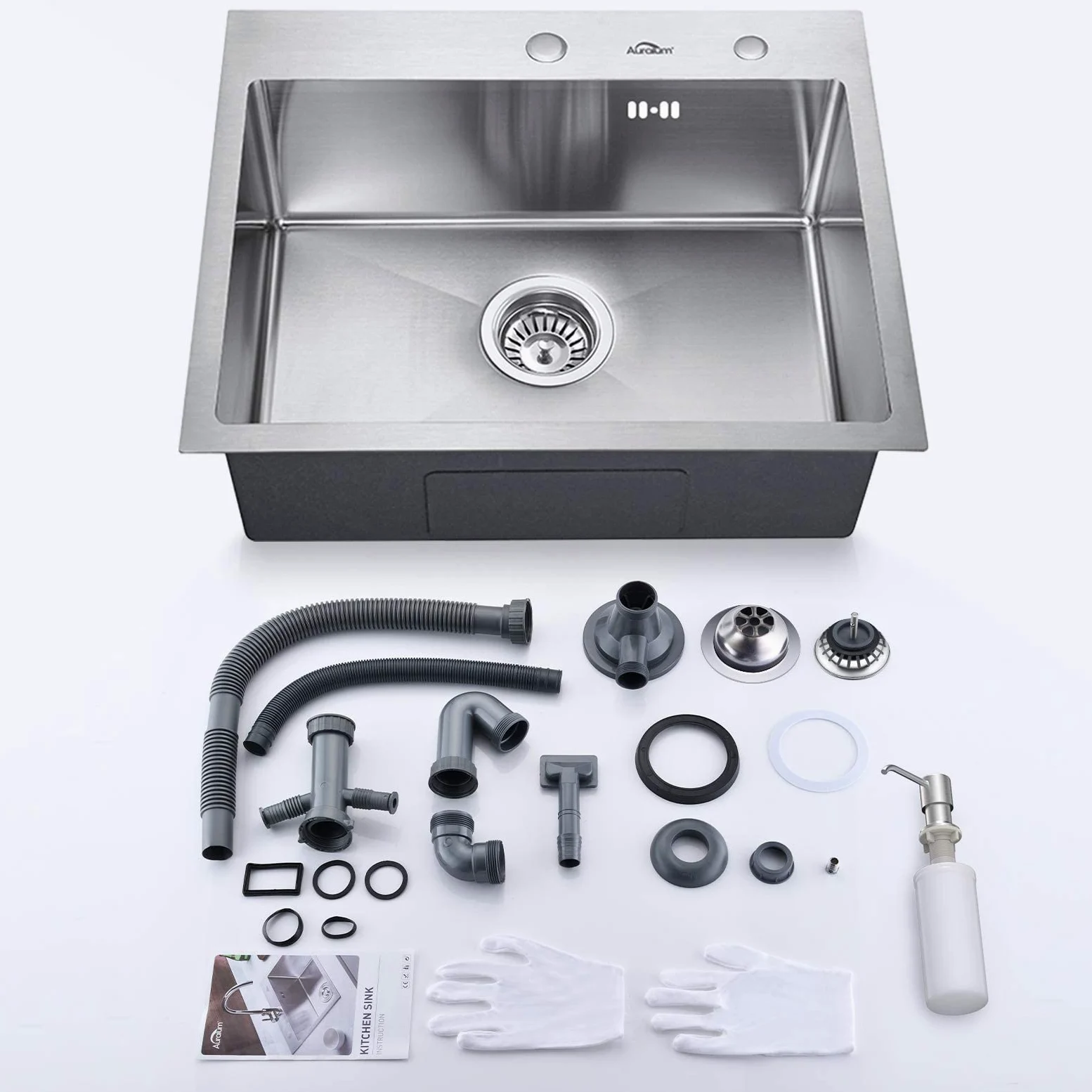 Auralum Lavello da cucina 55 x 45 cm, lavello in acciaio inox con erogatore di sapone e sifone, lavello cucina 1 vassoio con foro per rubinetto, lavello cucina vasca singola in acciaio inossidabile