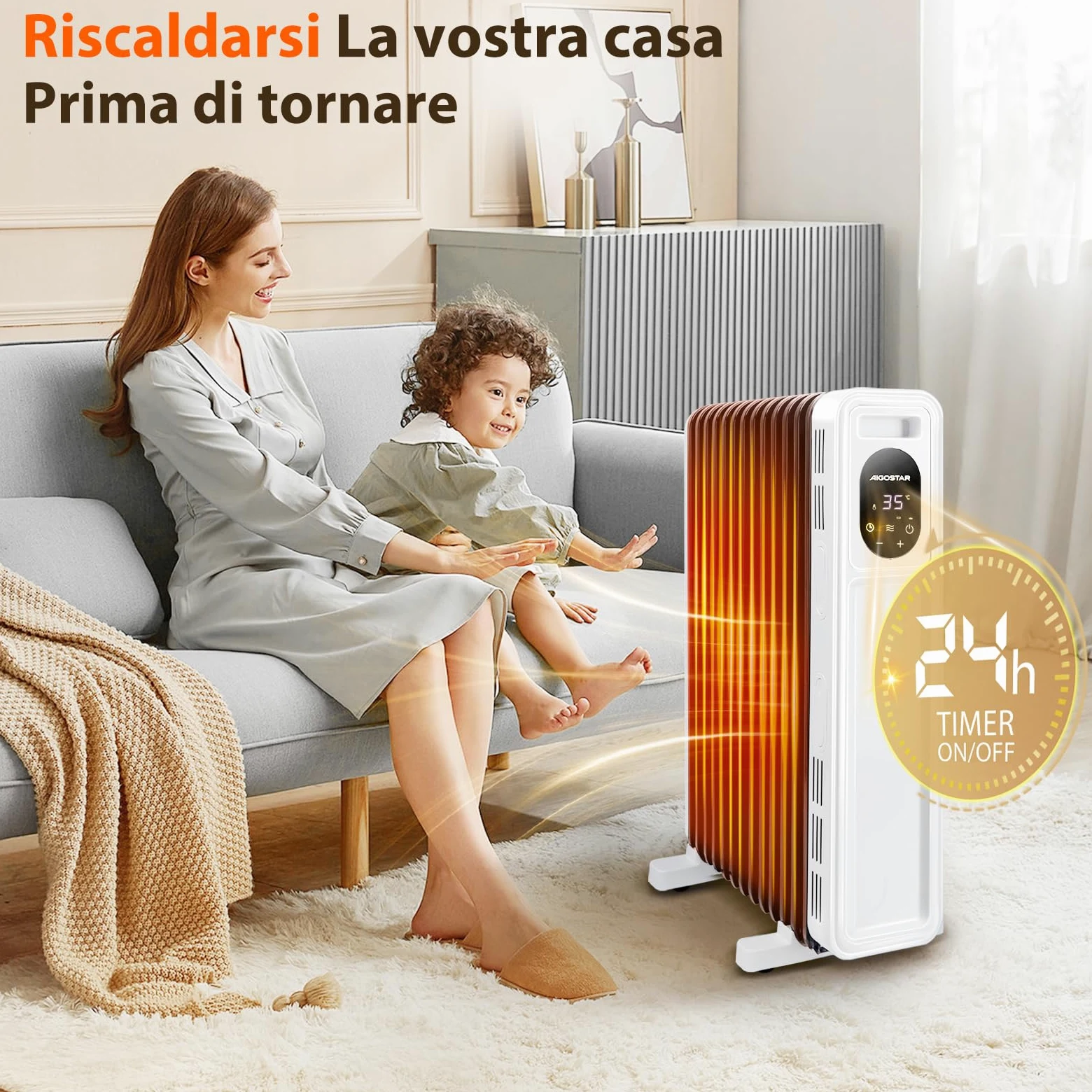 Aigostar Radiatore ad Olio 2500W, 13 Elementi Riscaldatore Elettrico Portatile, 3 Livelli di Calore, Modalità ECO, Timer 24H, Touch screen digitale, Telecomando, Hyperheat, Protezione Multipla, 60mq