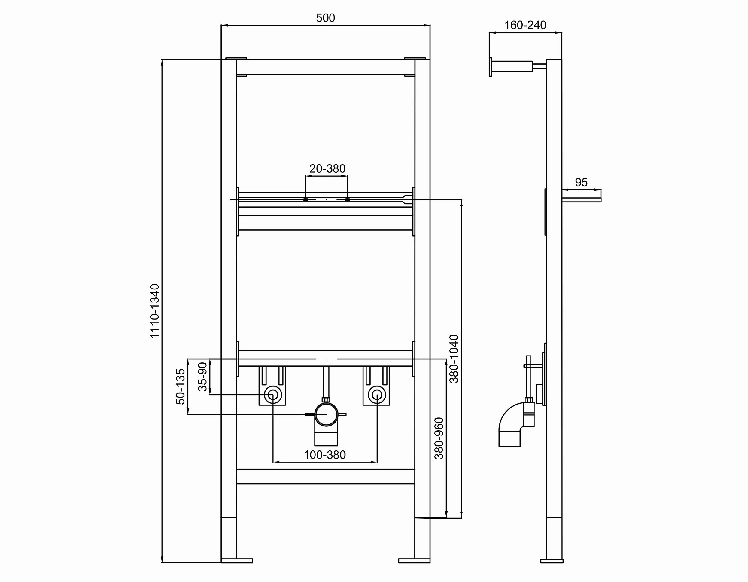Lavita Base Elemento di montaggio per lavabo con rubinetteria monocomando, elemento a parete autoportante per lavabo, telaio verniciato a polvere, altezza regolabile 111-134 cm